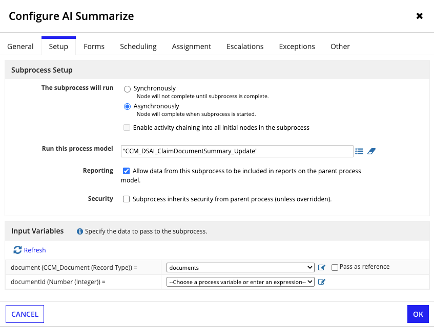 The Setup tab of the Configure AI Summarize dialog, with the subprocess set to run asynchronously and the CCM_DSAI_ClaimDocumentSummary_Update process model