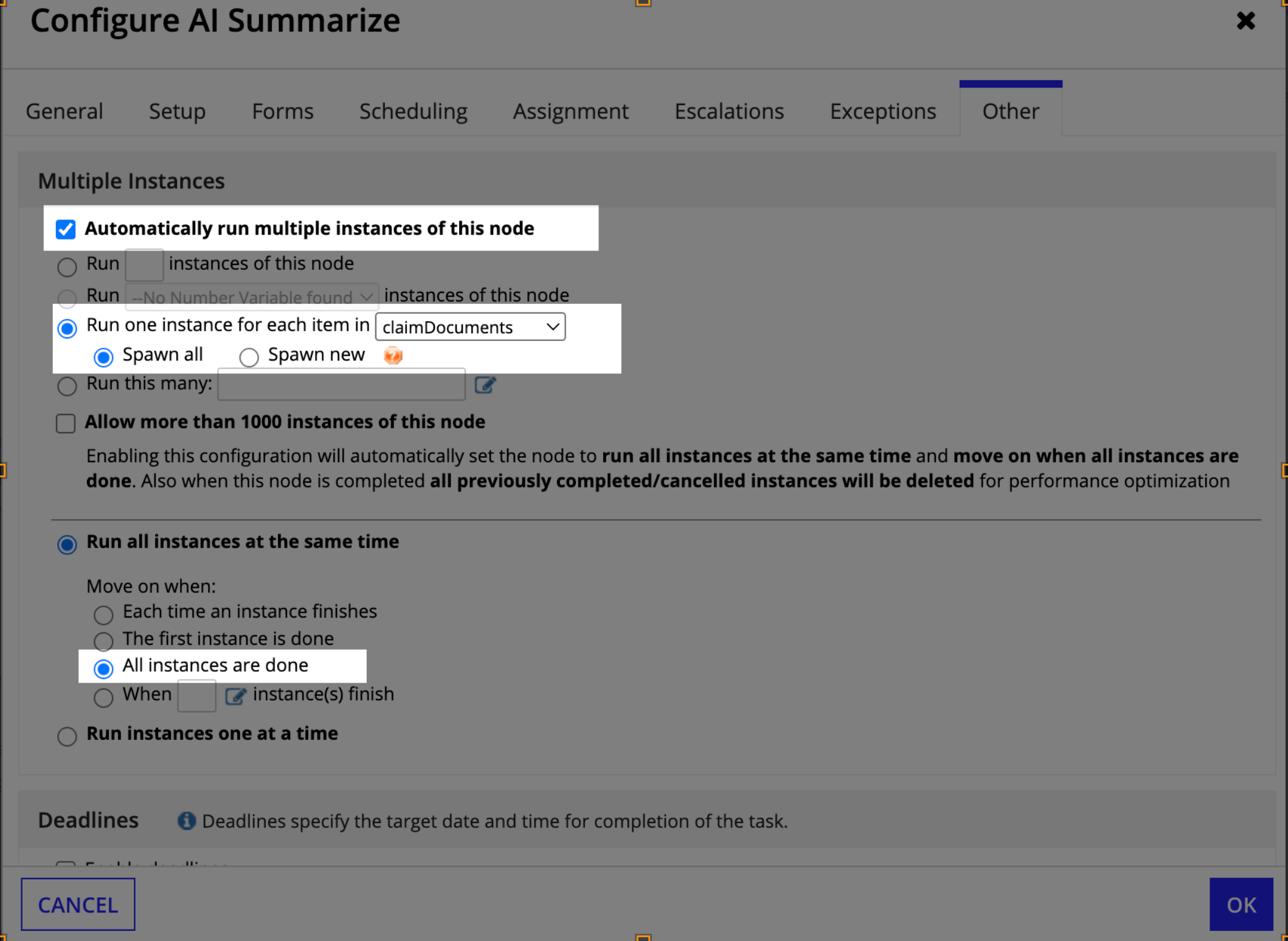 The Other tab of the Configure AI Summarize dialog, with one instance for each item in claimDocuments, Spawn all selected, and move on when all instances are done