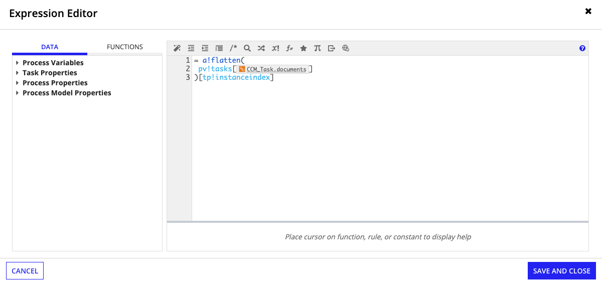 The expression editor showing the flatten expression for the document input variable