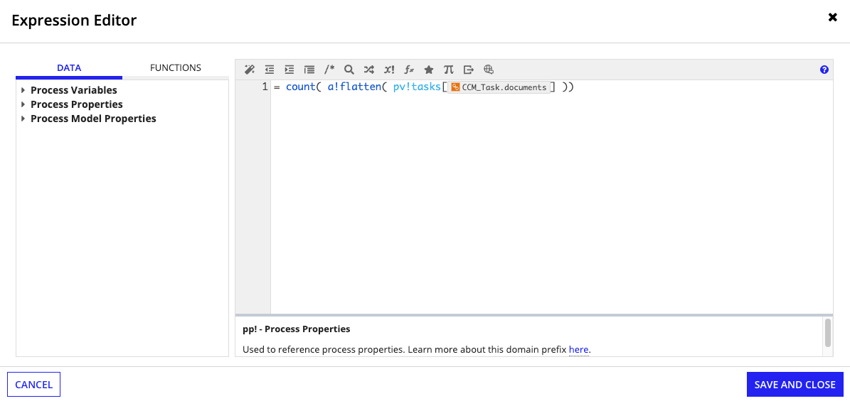 The expression editor showing the Run this many expression for the Task Complete multiple node instance
