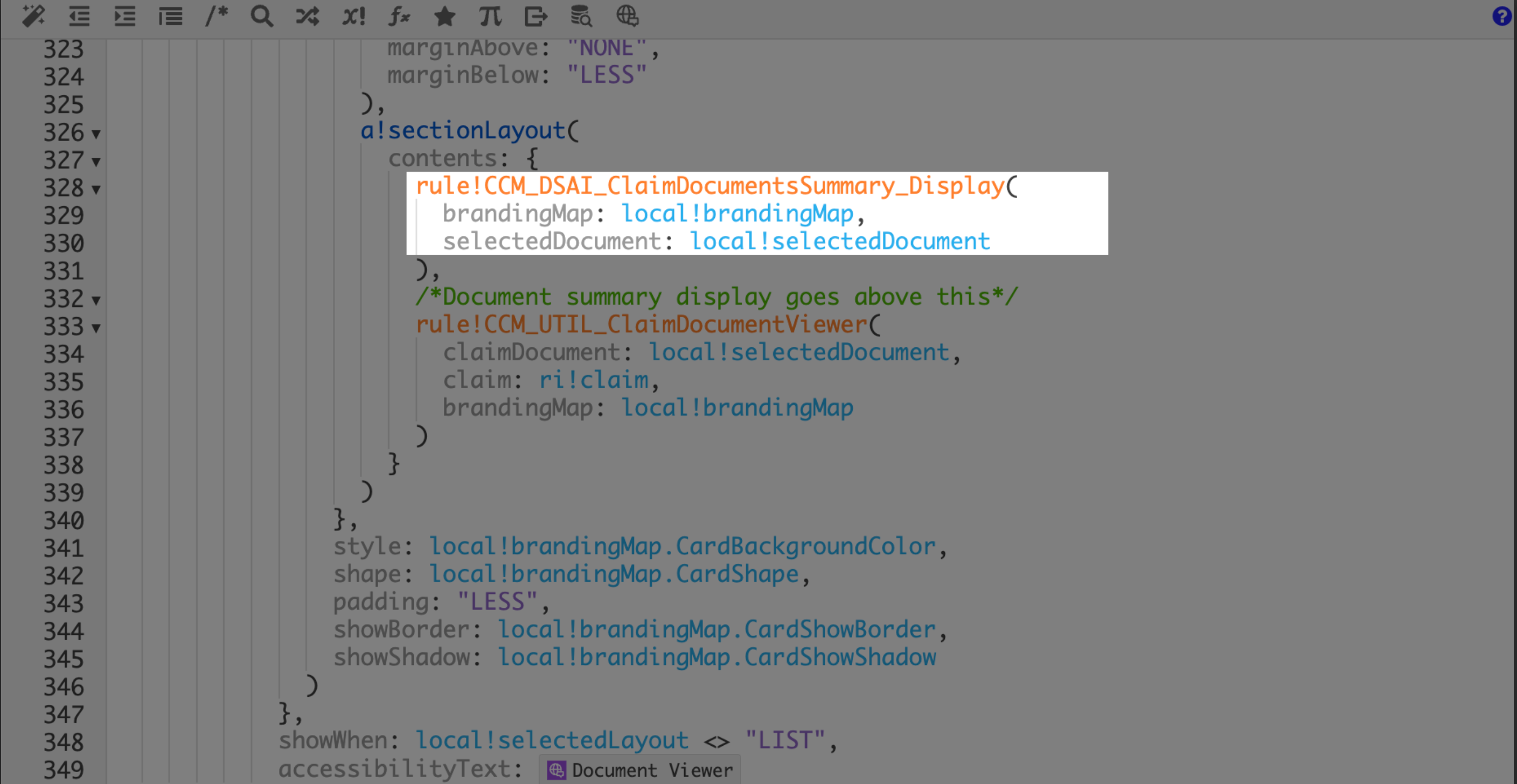 The CCM_Claim_RecordView_Documents interface with the CCM_DSAI_ClaimDocumentsSummary_Display call added above the CCM_UTIL_ClaimDocumentViewer call