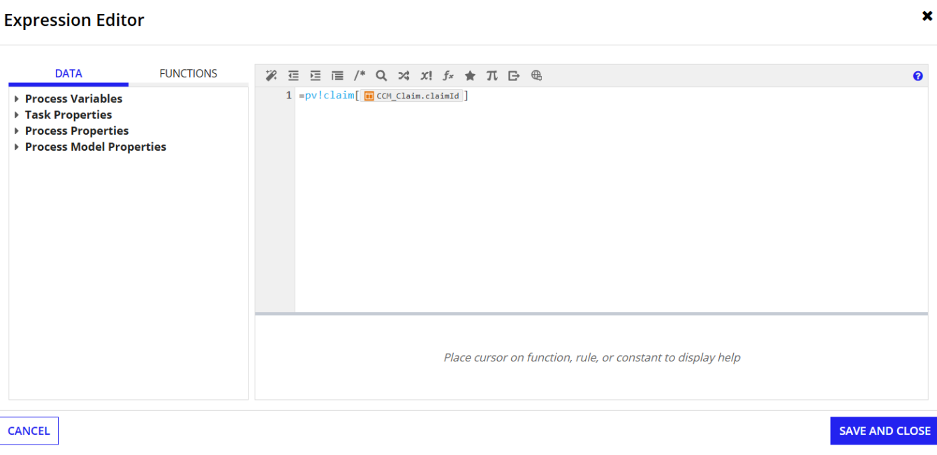 The claimId input variable set to pv!claimId in the sub process setup tab