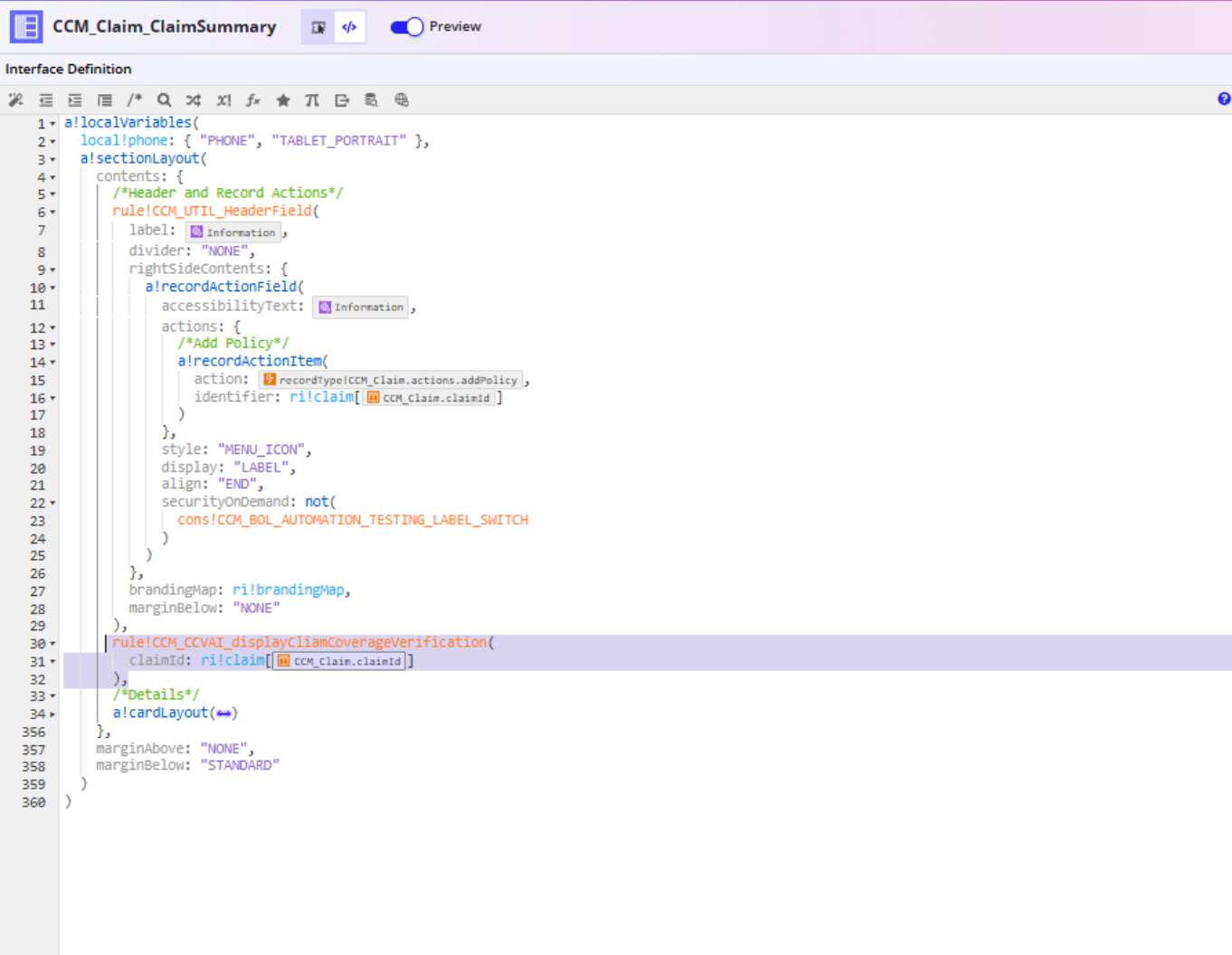 The CCM_Claim_ClaimSummary expression rule with the coverage verification rule added above the Details cardLayout