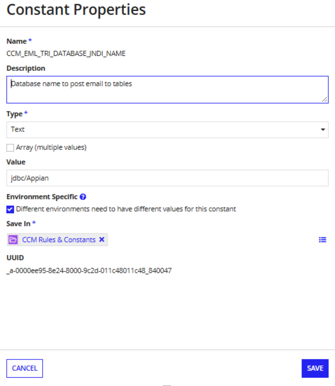 Database JNDI name constant configuration