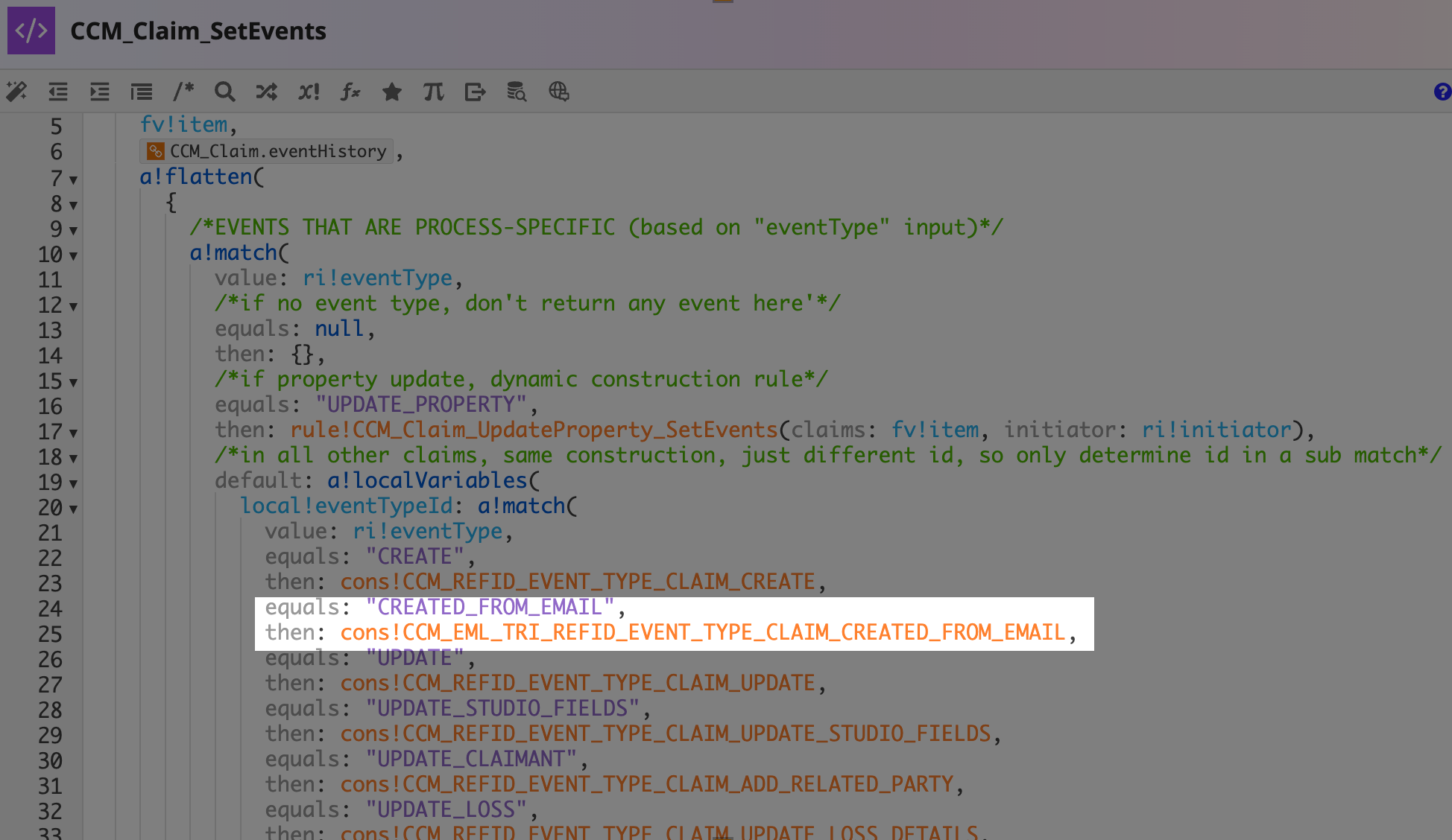 The CCM_Claim_SetEvents expression rule with the CREATED_FROM_EMAIL condition added to the a!match function