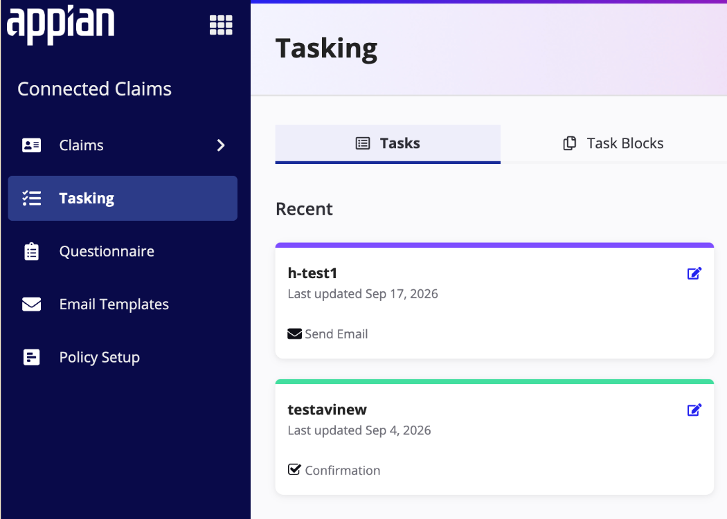 The Tasks tab in the Tasking section of the Control Panel