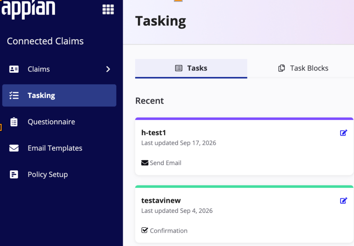 The Tasks tab in the Tasking section of the Control Panel