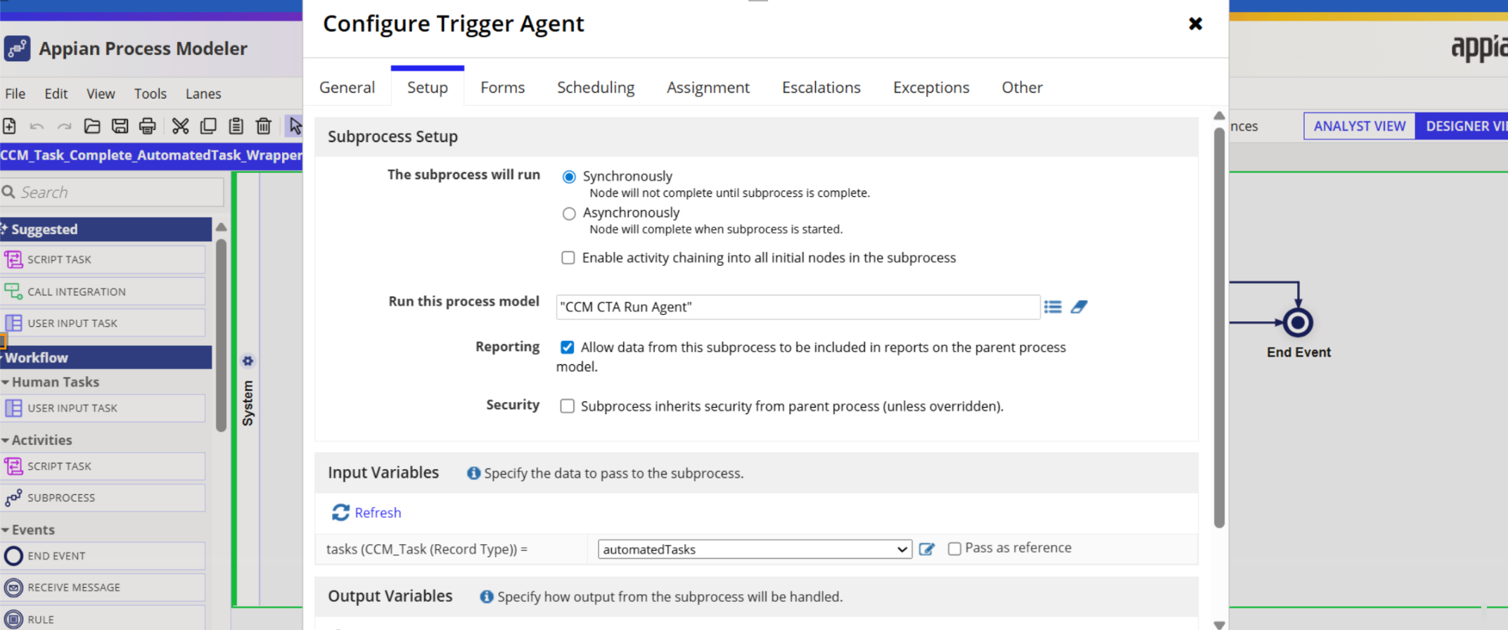 The Setup tab of the Configure Trigger Agent dialog, showing the synchronous subprocess, the CCM CTA Run Agent process model, and the input variables