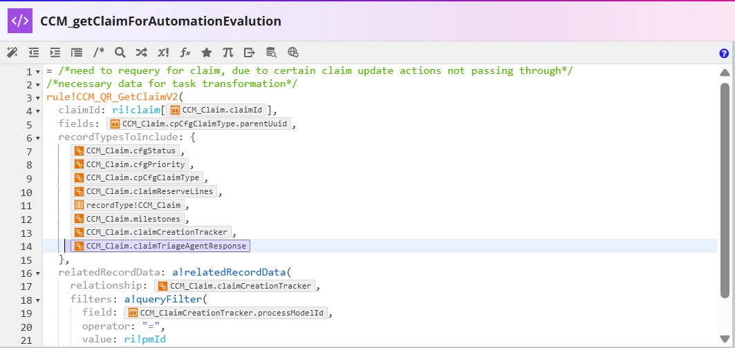 The CCM_getClaimForAutomationEvalution expression rule with the Claim Triage Agent Response relationship added to the recordTypesToInclude parameter