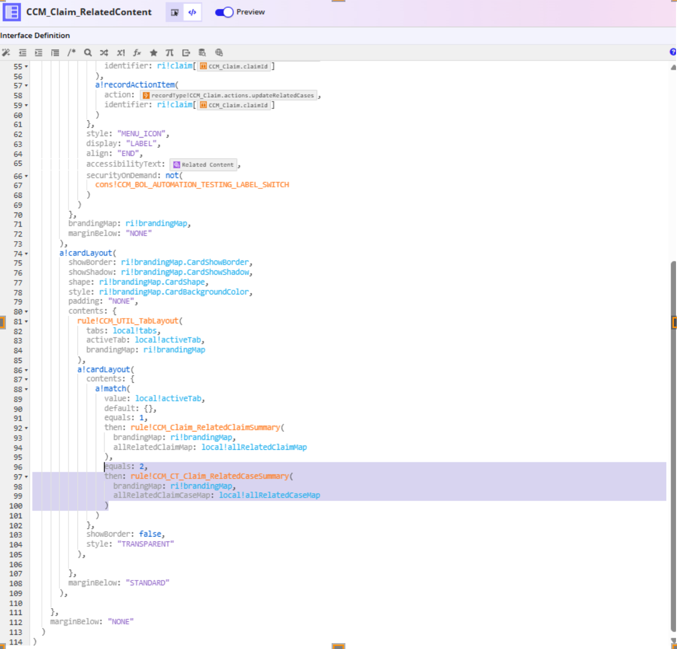 The Cases tab content configured in the a!match of CCM_Claim_RelatedContent