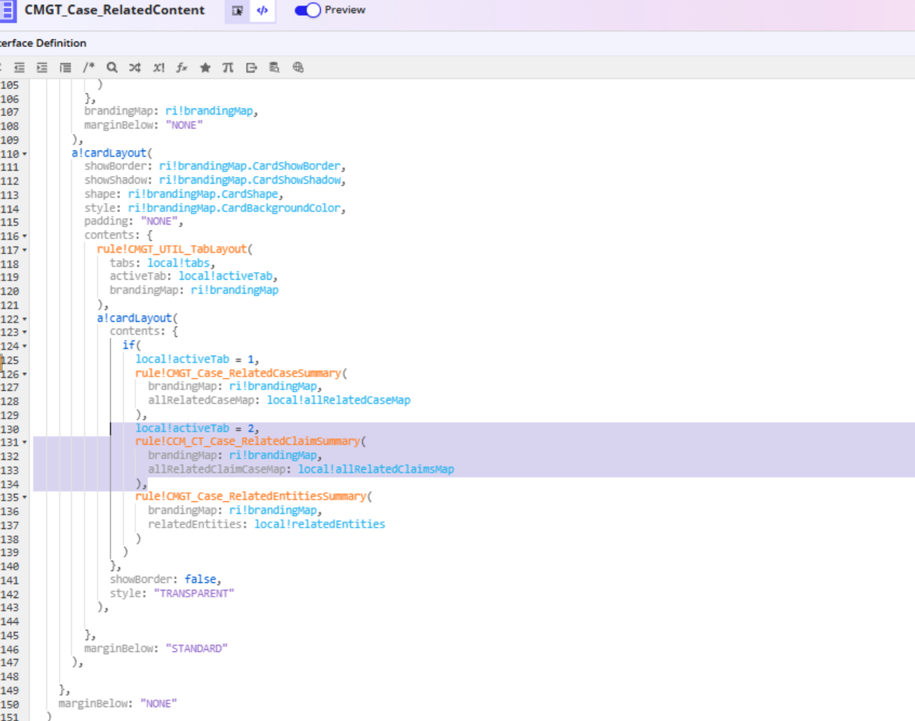 The Claims tab content configured in the if statement of CMGT_Case_RelatedContent