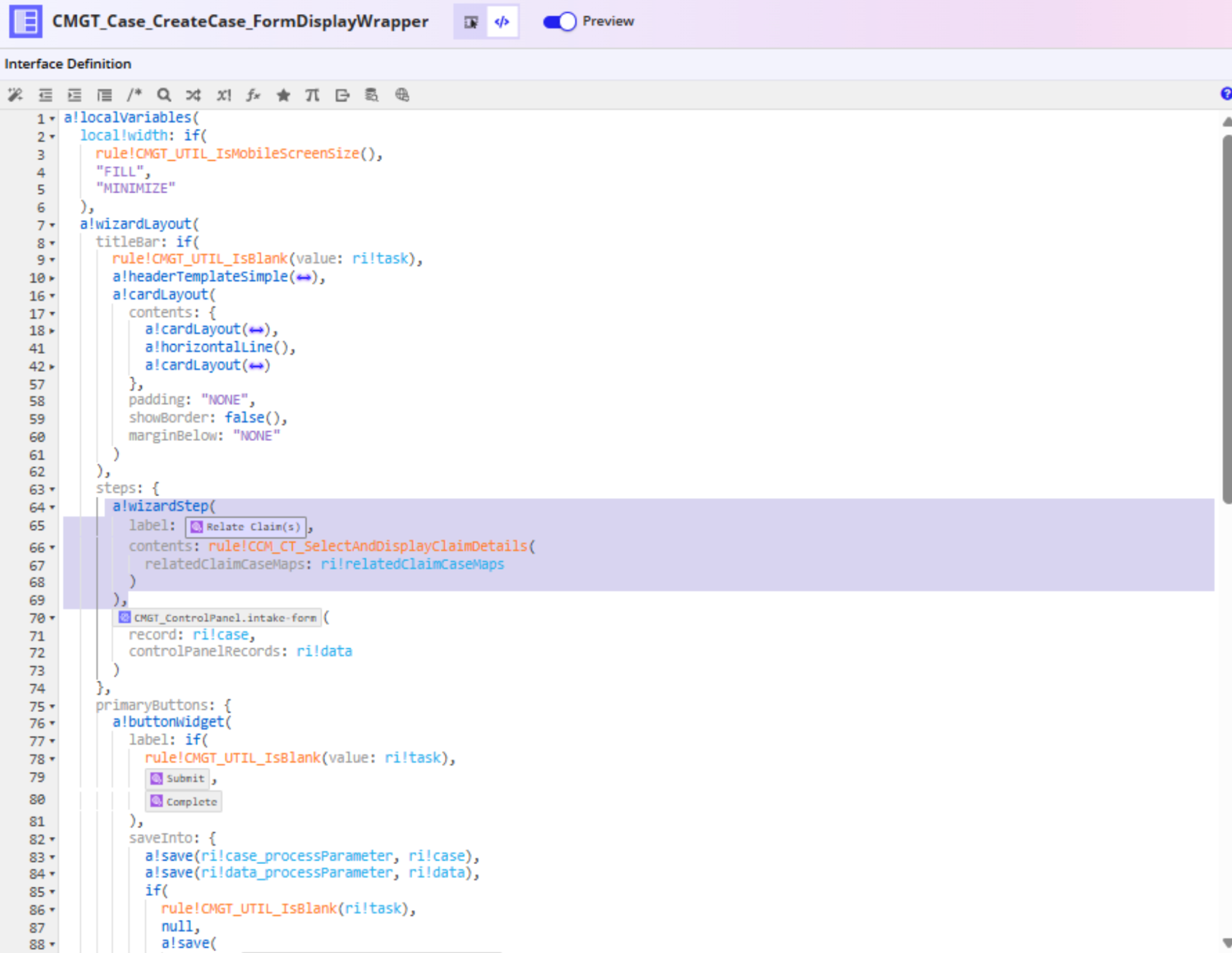 The wizardStep code added above the Control Panel intake form in CMGT_Case_CreateCase_FormDisplayWrapper