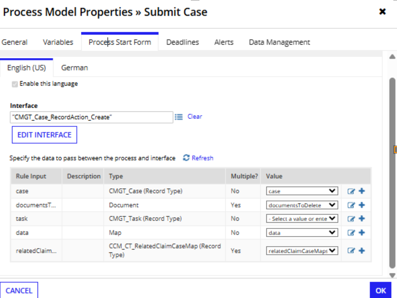 The relatedClaimCaseMaps process variable configured on the Submit Case start form