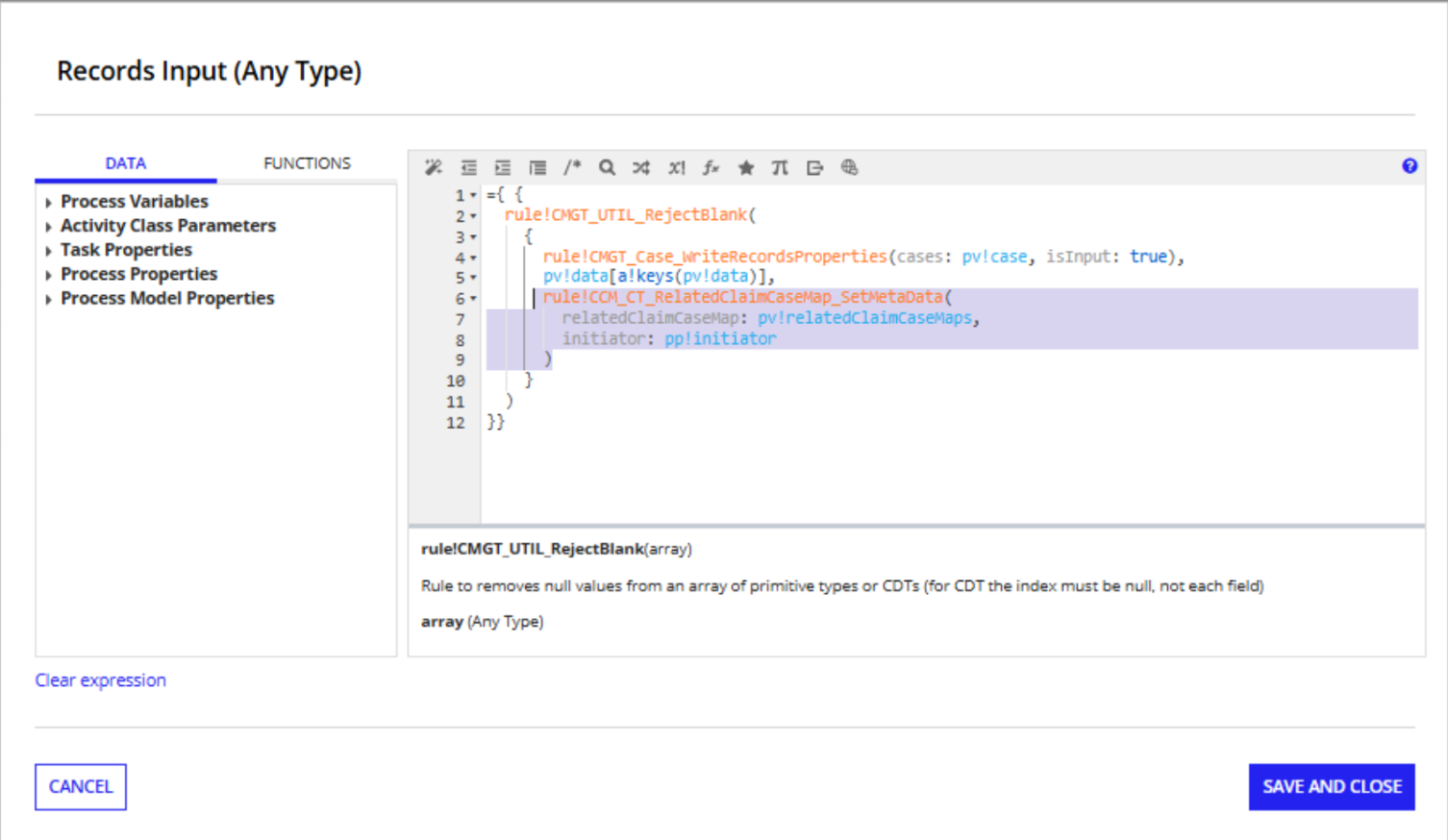 The records input expression rule in the Write Case Data node with the SetMetaData rule configured