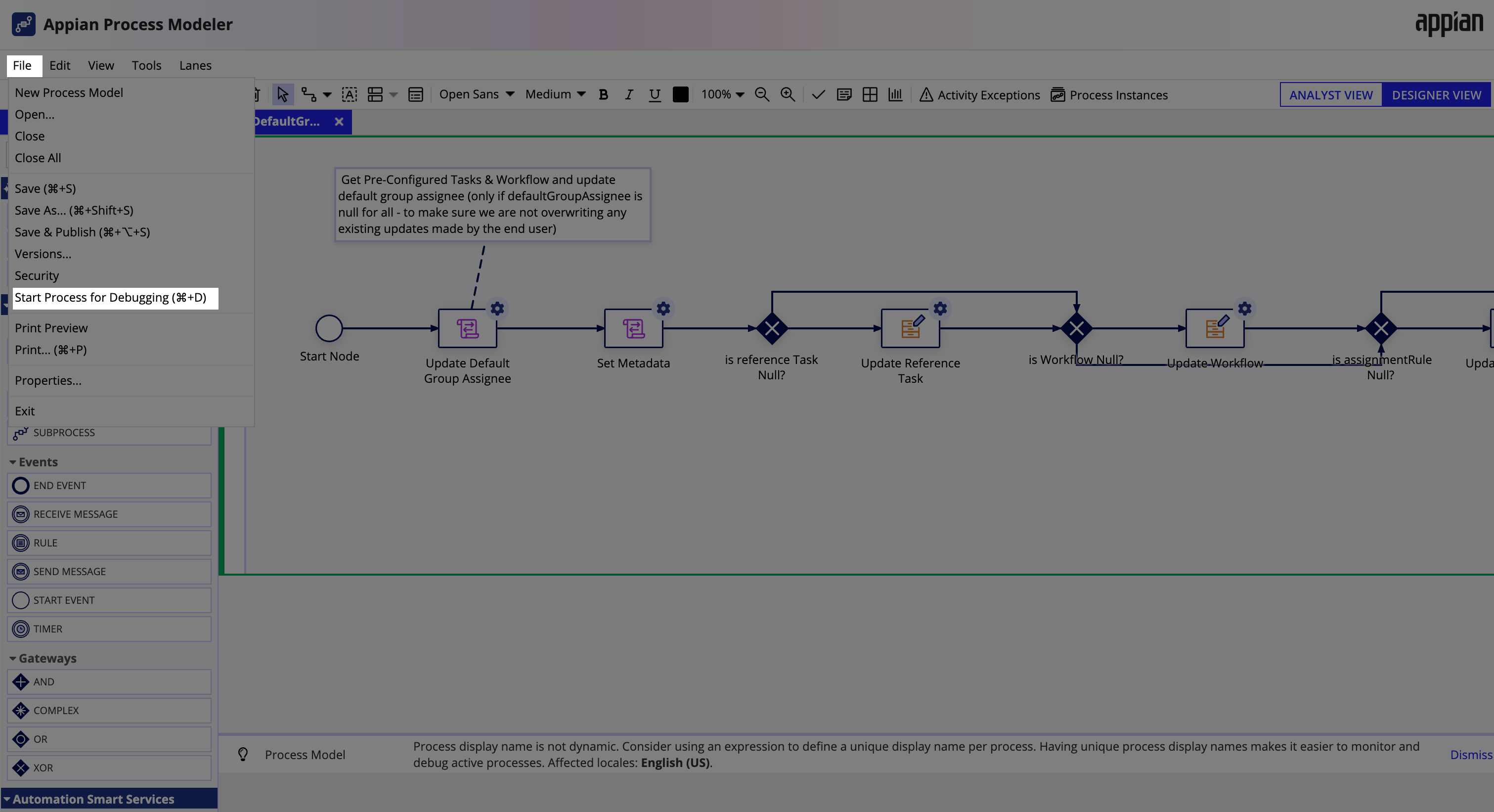 Starting the post deployment process model for debugging