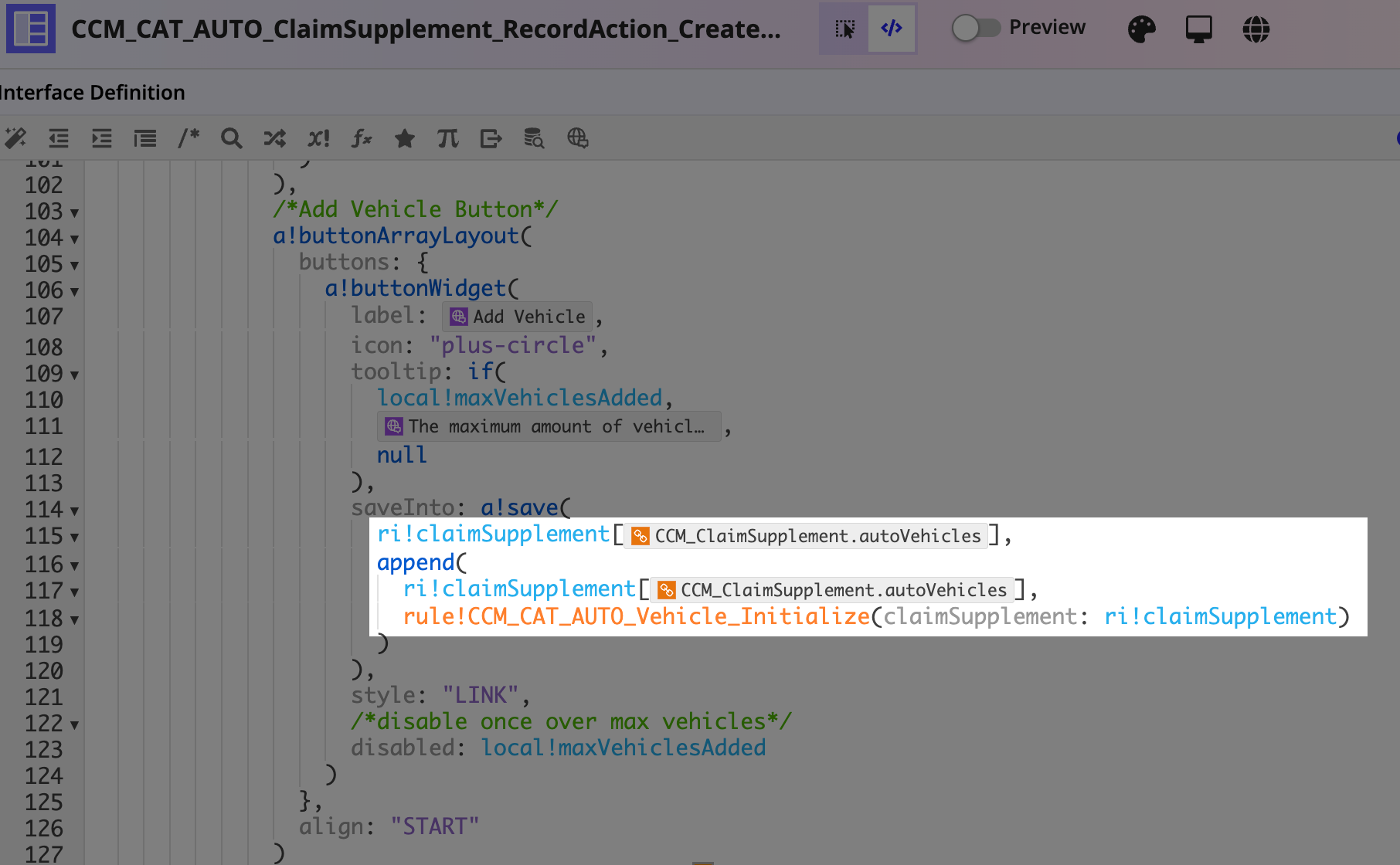 Claim supplement interface with autoVehicles reference