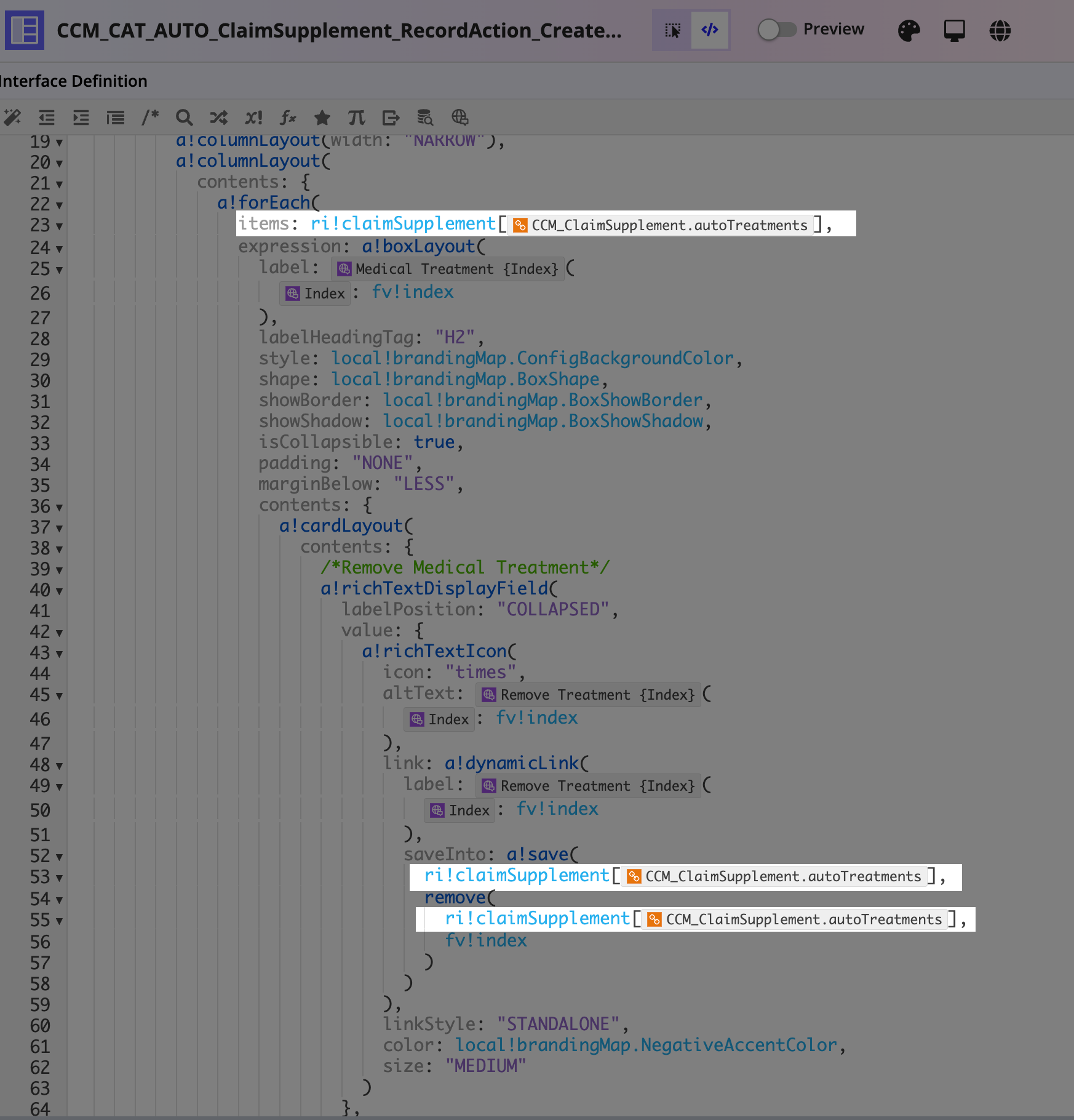 Treatment supplement record action interface mapping