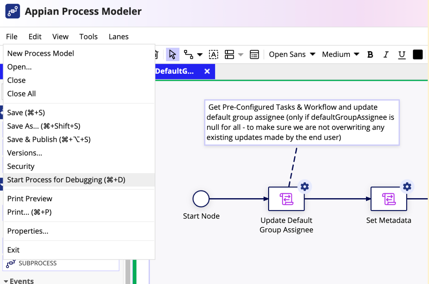 The CCM_CAT_HOME_PostDeployment_UpdateDefaultGroupAssignee process model with Start Process for Debugging selected from the File menu