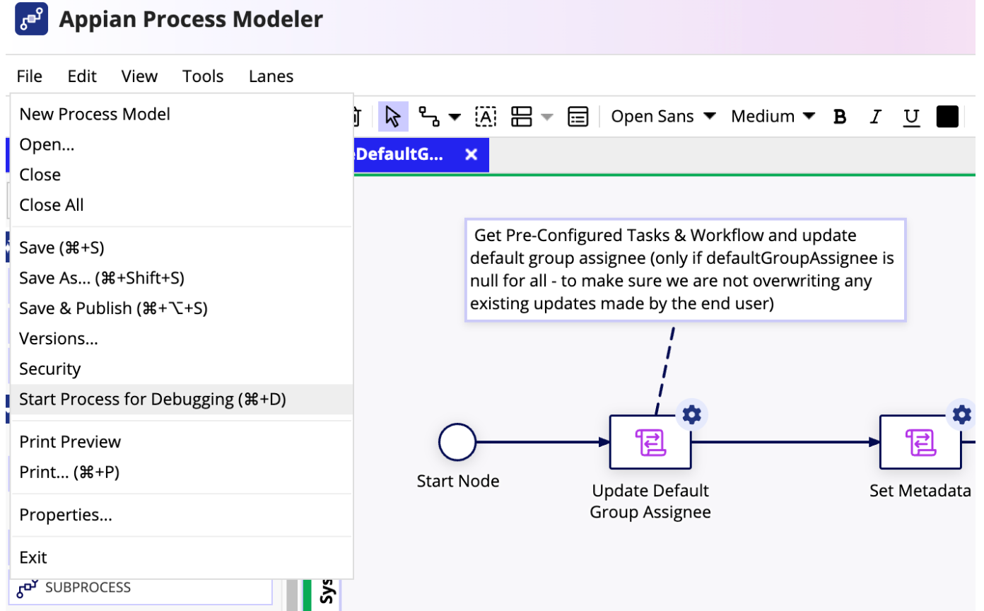 The CCM_CAT_WRCM_PostDeployment_UpdateDefaultGroupAssignee process model with Start Process for Debugging selected from the File menu