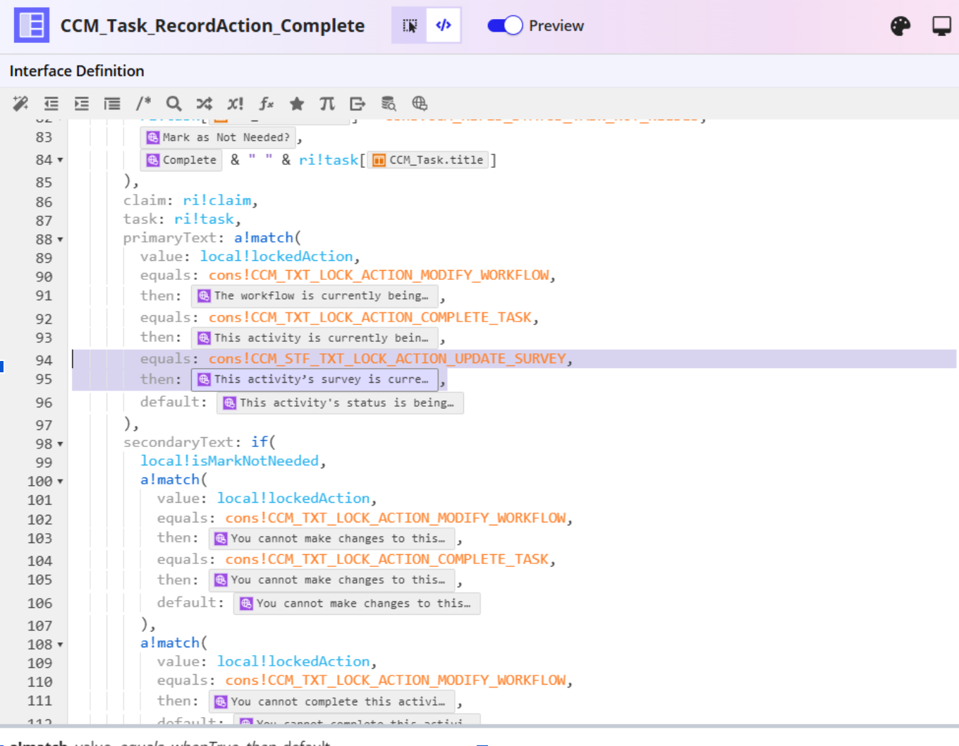 The CCM_Task_RecordAction_Complete interface with the CCM_STF_TXT_LOCK_ACTION_UPDATE_SURVEY condition added to the primaryText a!match function