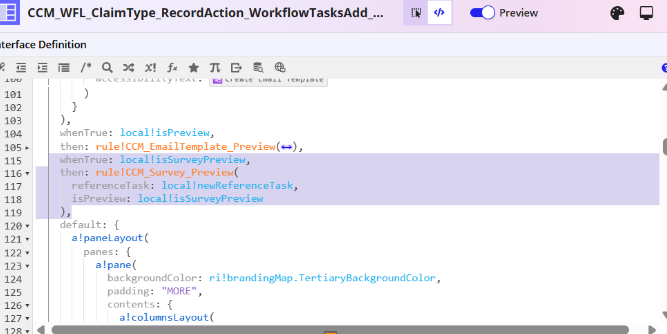 The CCM_WFL_ClaimType_RecordAction_WorkflowTasksAdd_AddTasks interface with the Survey preview condition added to the a!match function
