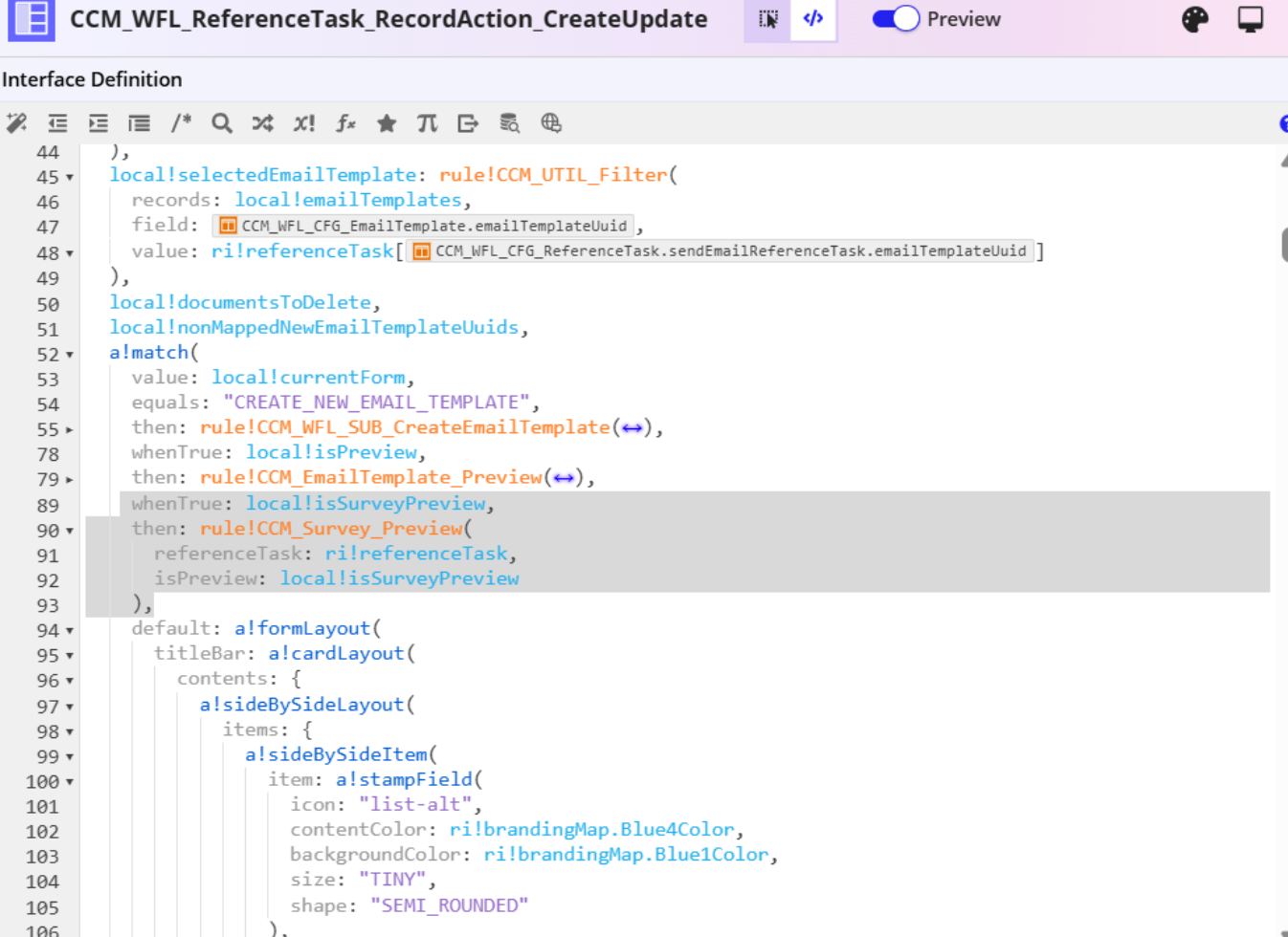 The CCM_WFL_ReferenceTask_RecordAction_CreateUpdate interface with the Survey preview condition added to the a!match function
