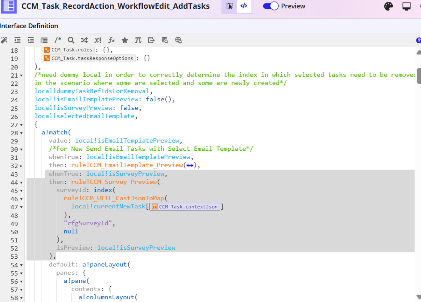 The CCM_Task_RecordAction_WorkflowEdit_AddTasks interface with the Survey preview condition added to the a!match function