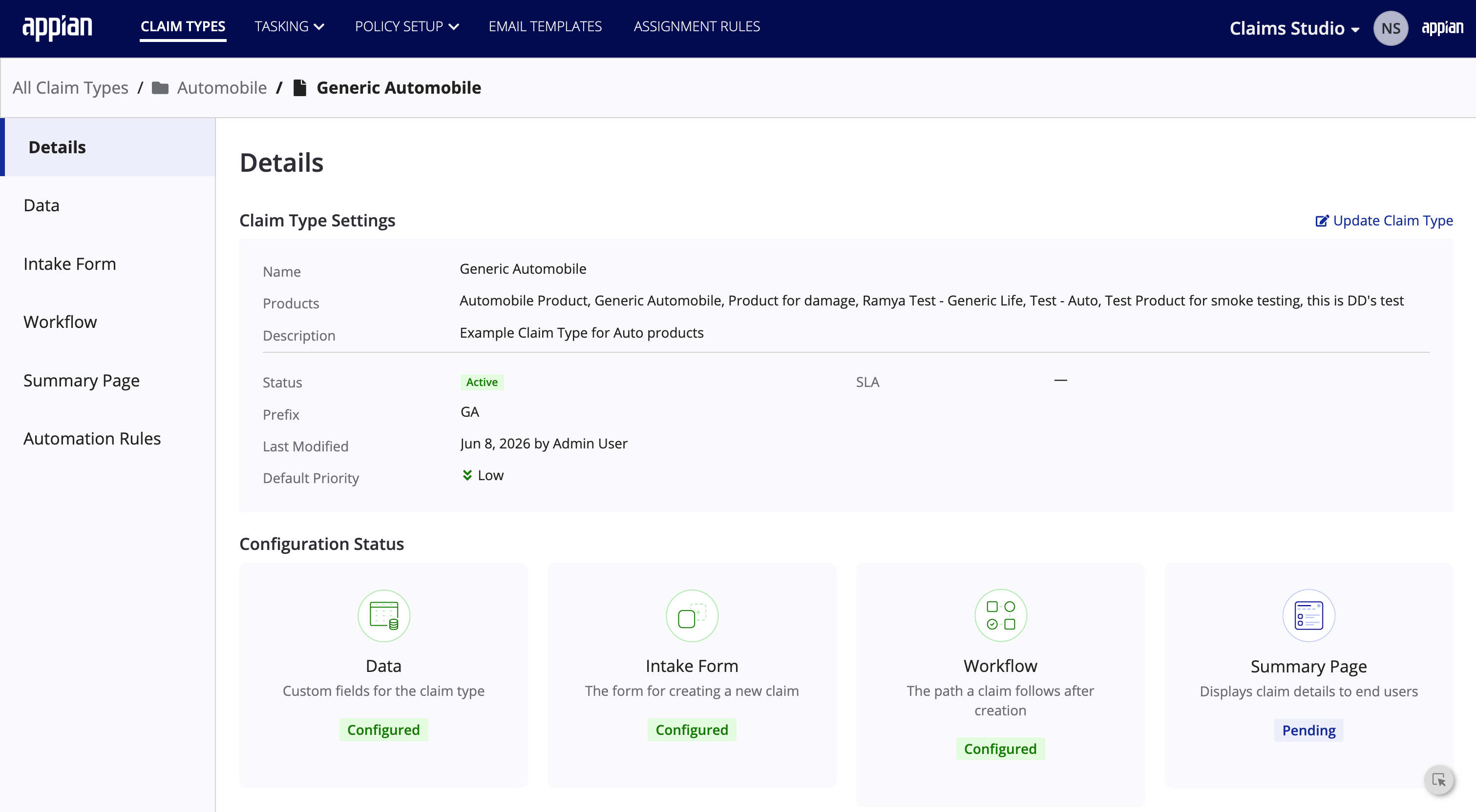 Claim type settings and configuration status