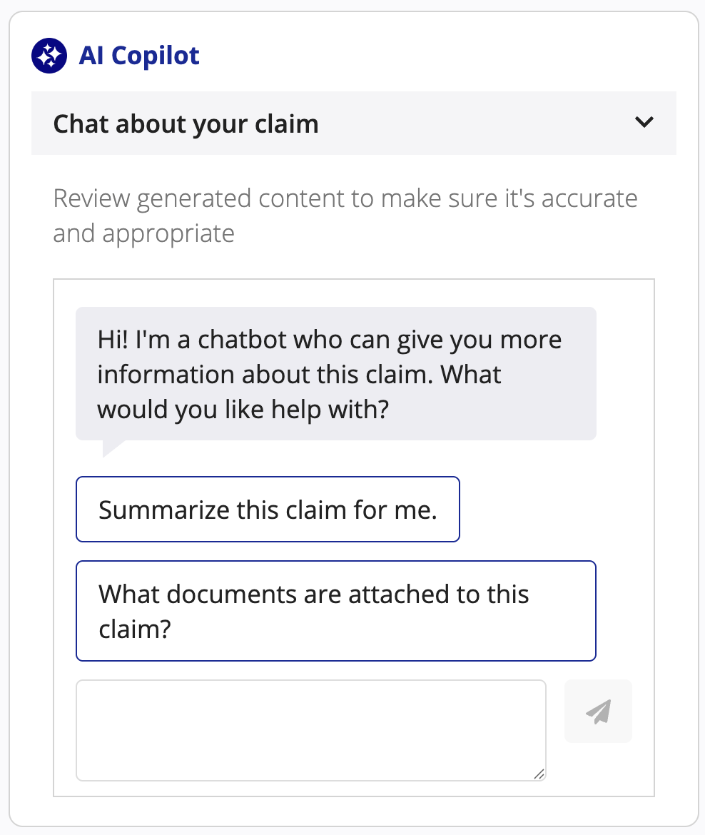 AI chatbot integrated into the Claim Record Summary view