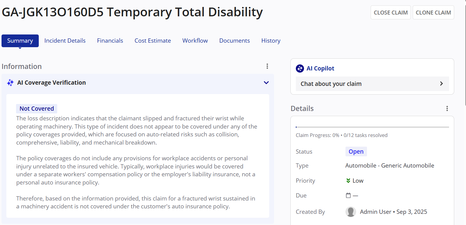 AI coverage status displayed on the claim summary