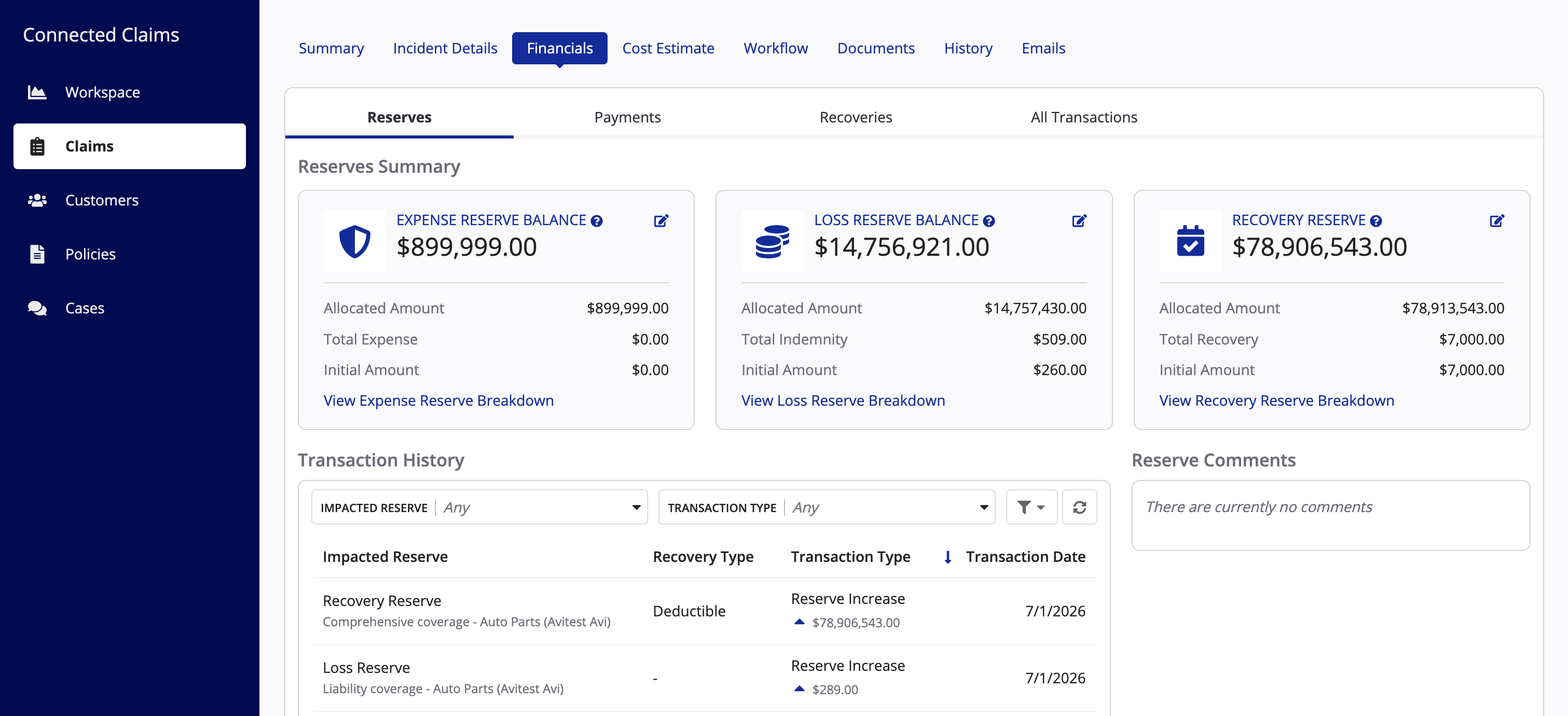 Connected Claims: Reserve and recovery management dashboard