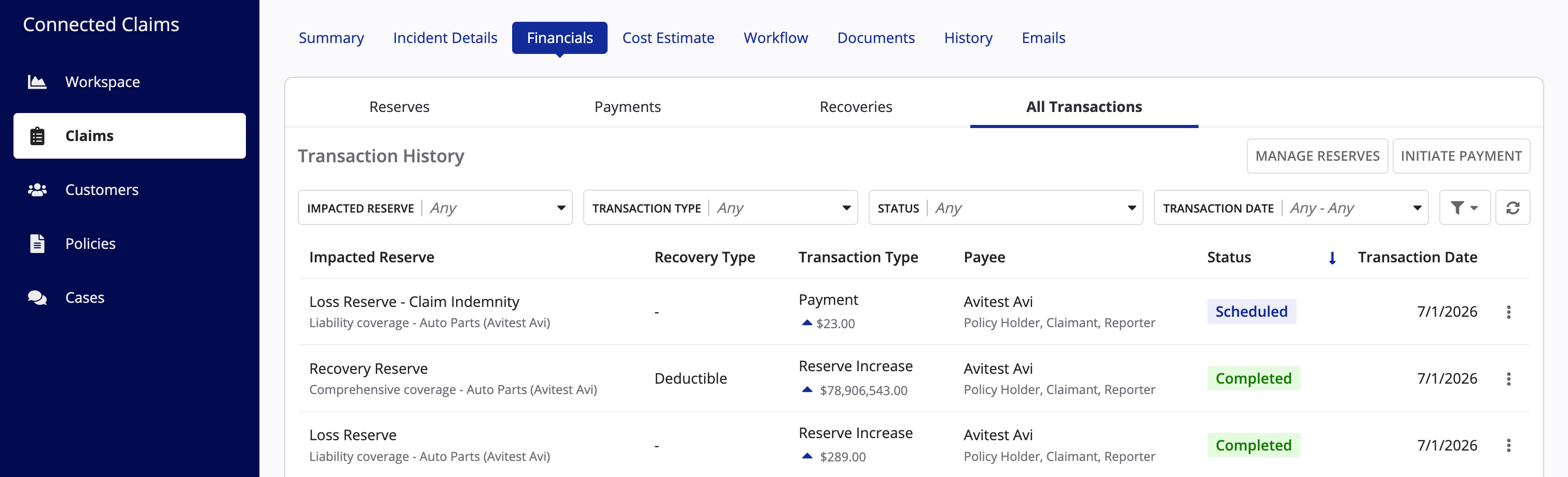 Connected Claims: Reserve and recovery management dashboard