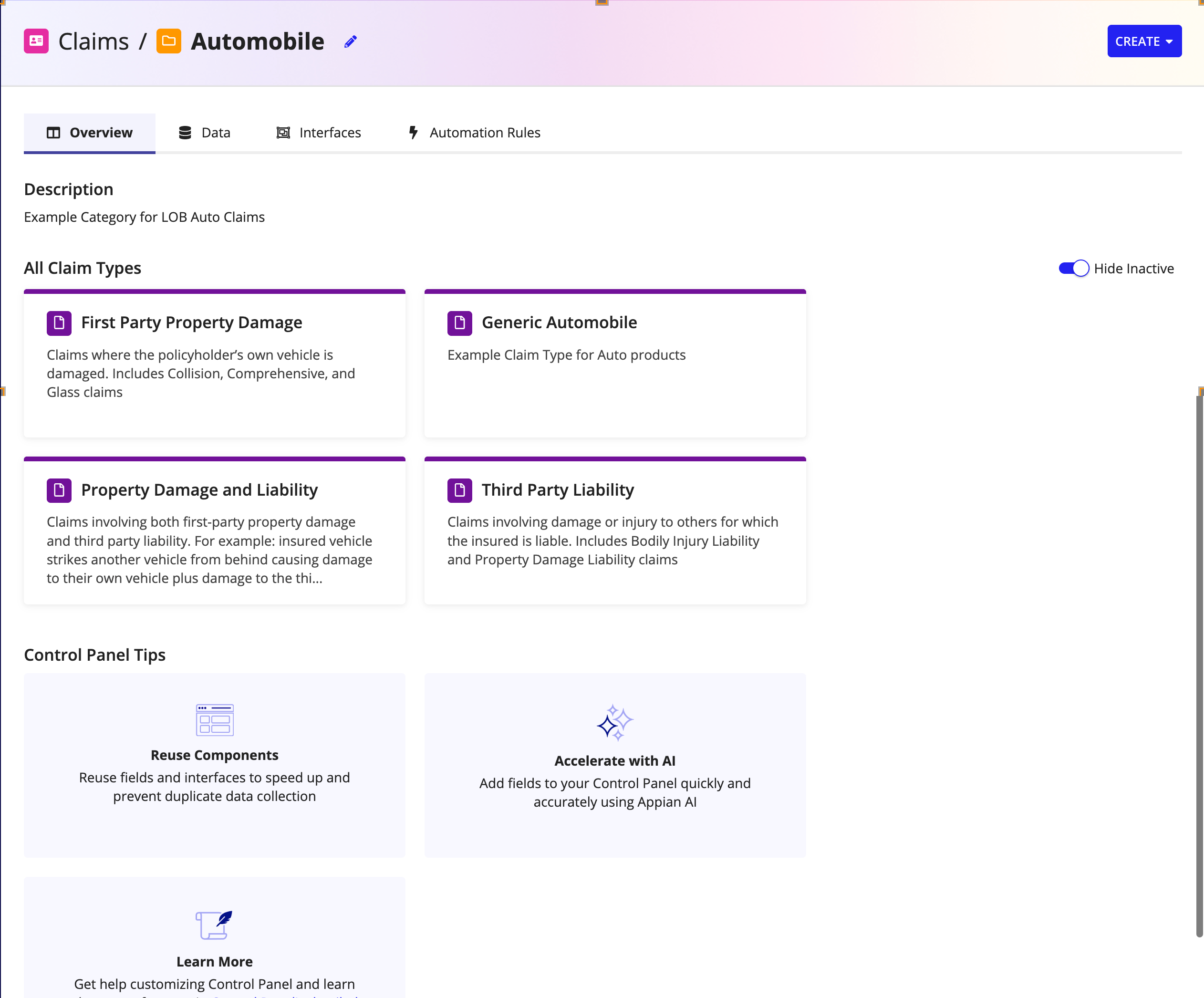 The Automobile claim category open on the Overview tab, showing its description and the claim types it contains