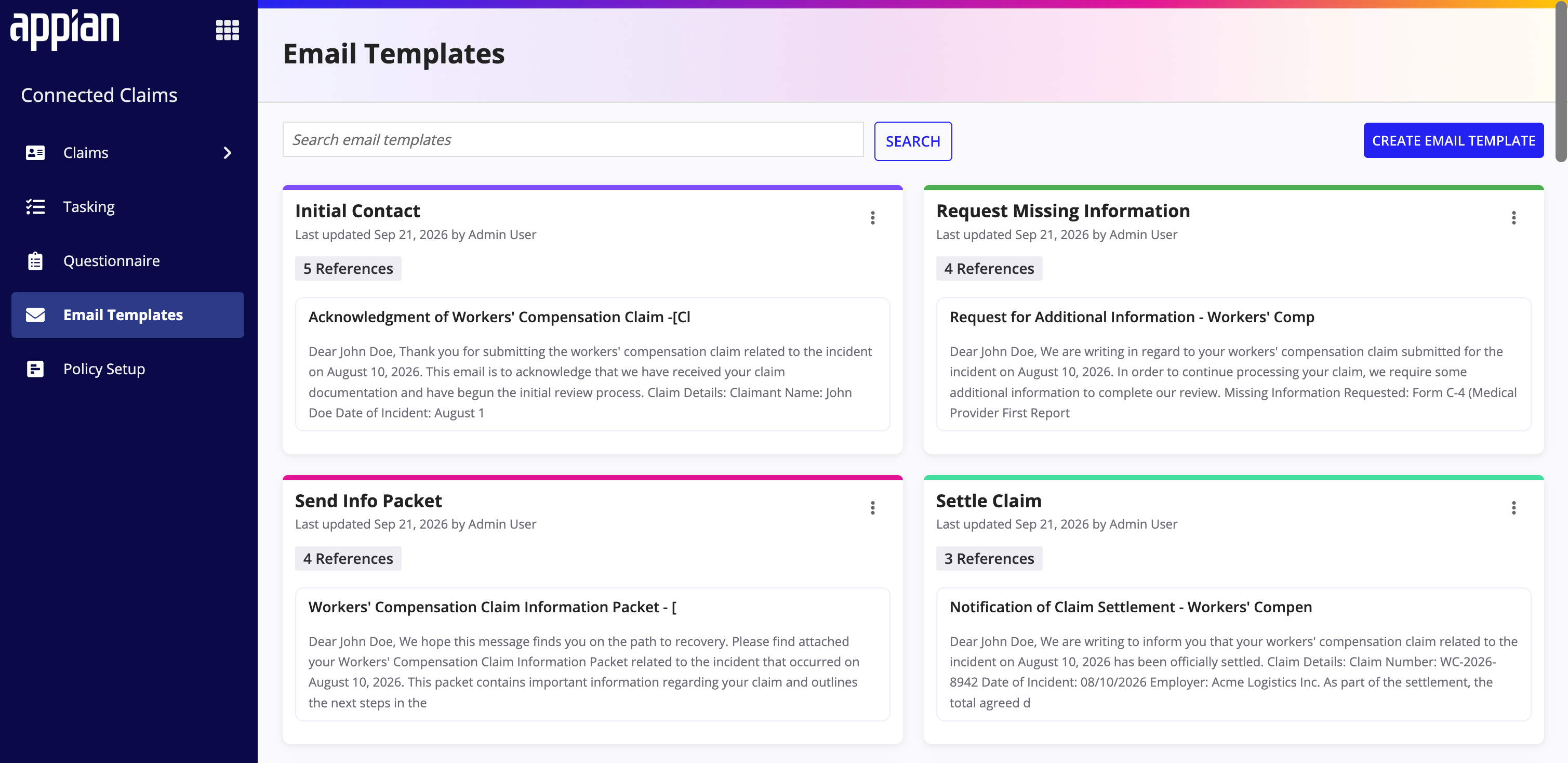 The Email Templates page, showing each template as a card with its name, last updated date, reference count, and a preview of the subject and body