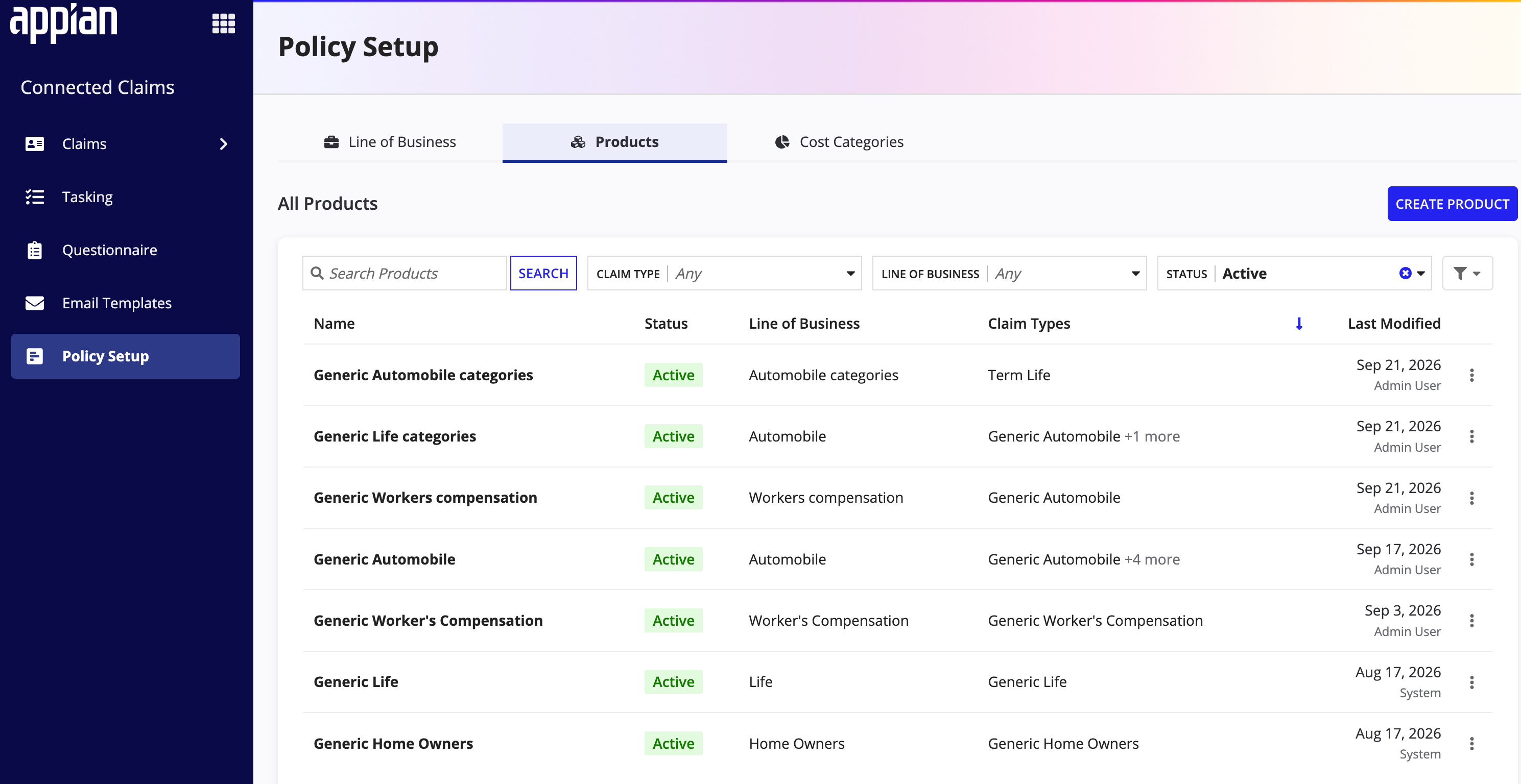 The Products tab in Policy Setup, listing each product with its status, line of business, and claim types