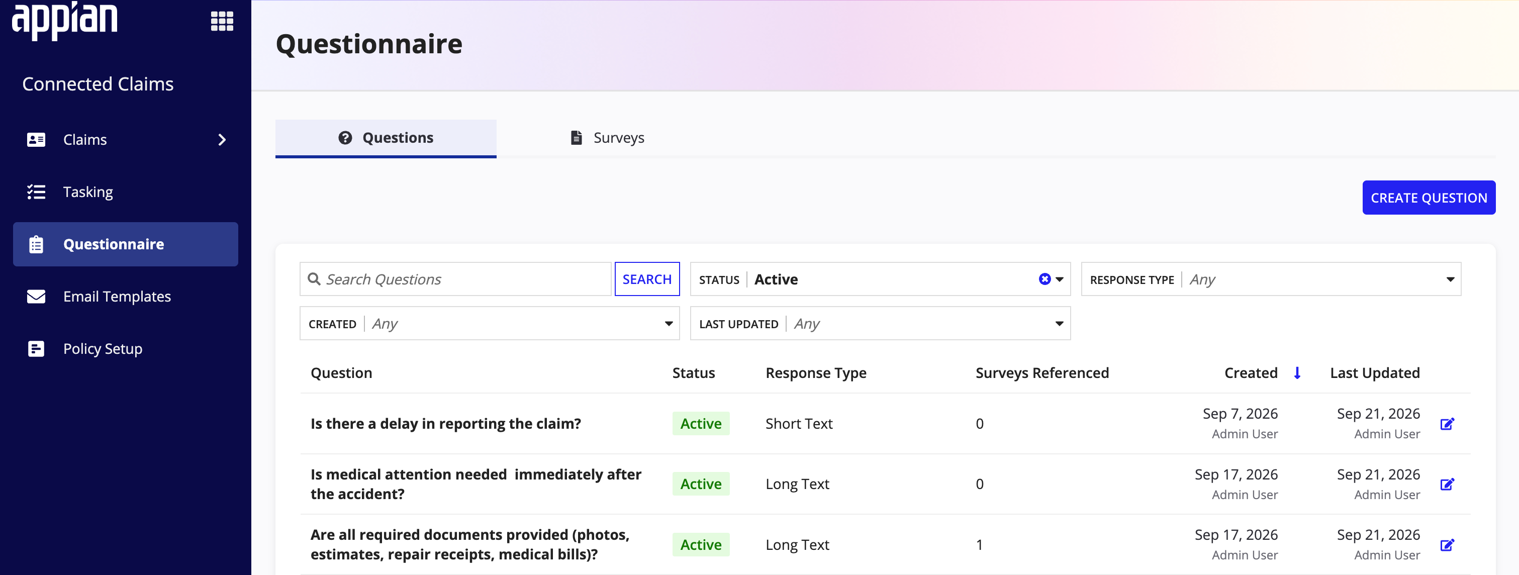The Questions tab in Questionnaire, listing each question with its status, response type, and the number of surveys that reference it