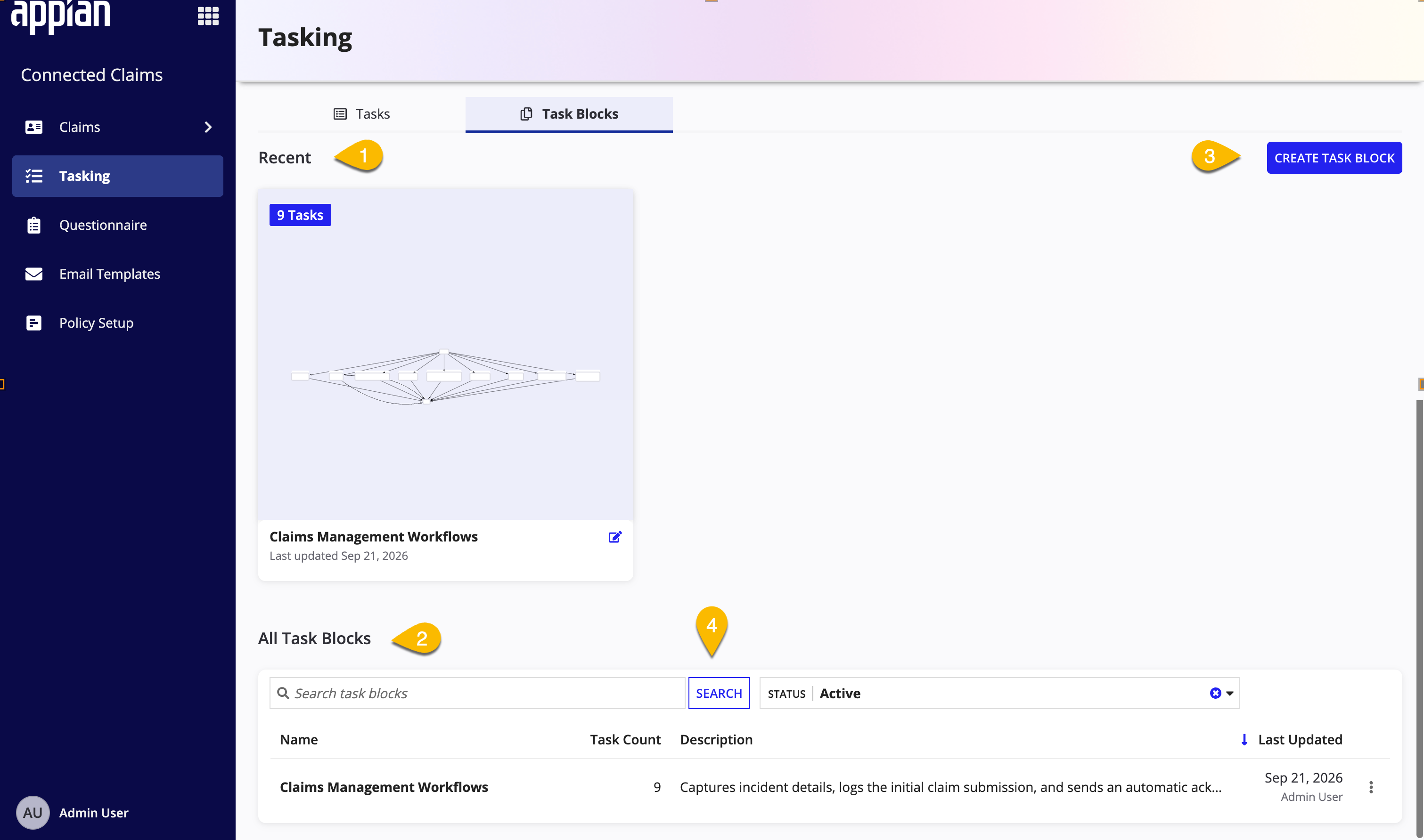 The Task Blocks tab in the Tasking section, showing a recent task block card with its task count and sequence visualization above the All Task Blocks list