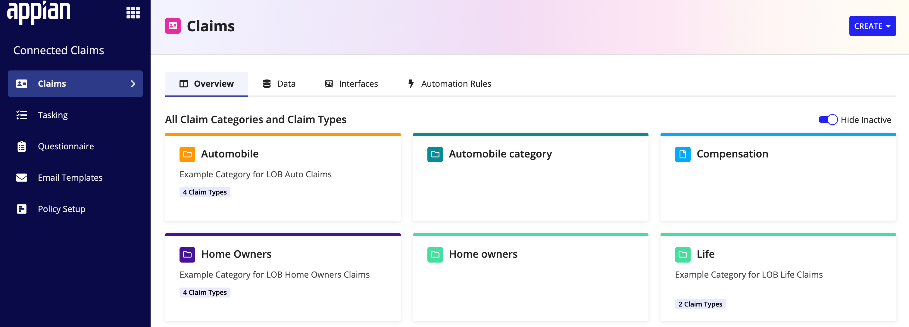 The Connected Claims Control Panel, showing the All Claim Categories and Claim Types page with each claim category as a card
