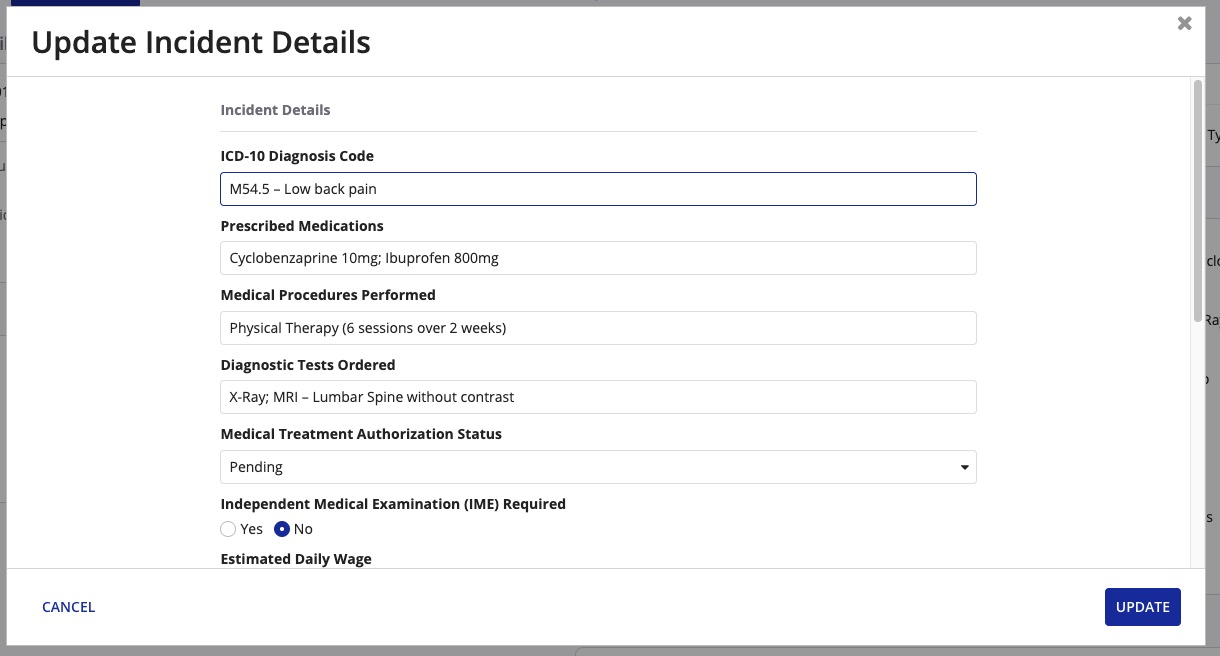 Predefined Workers Compensation claim types