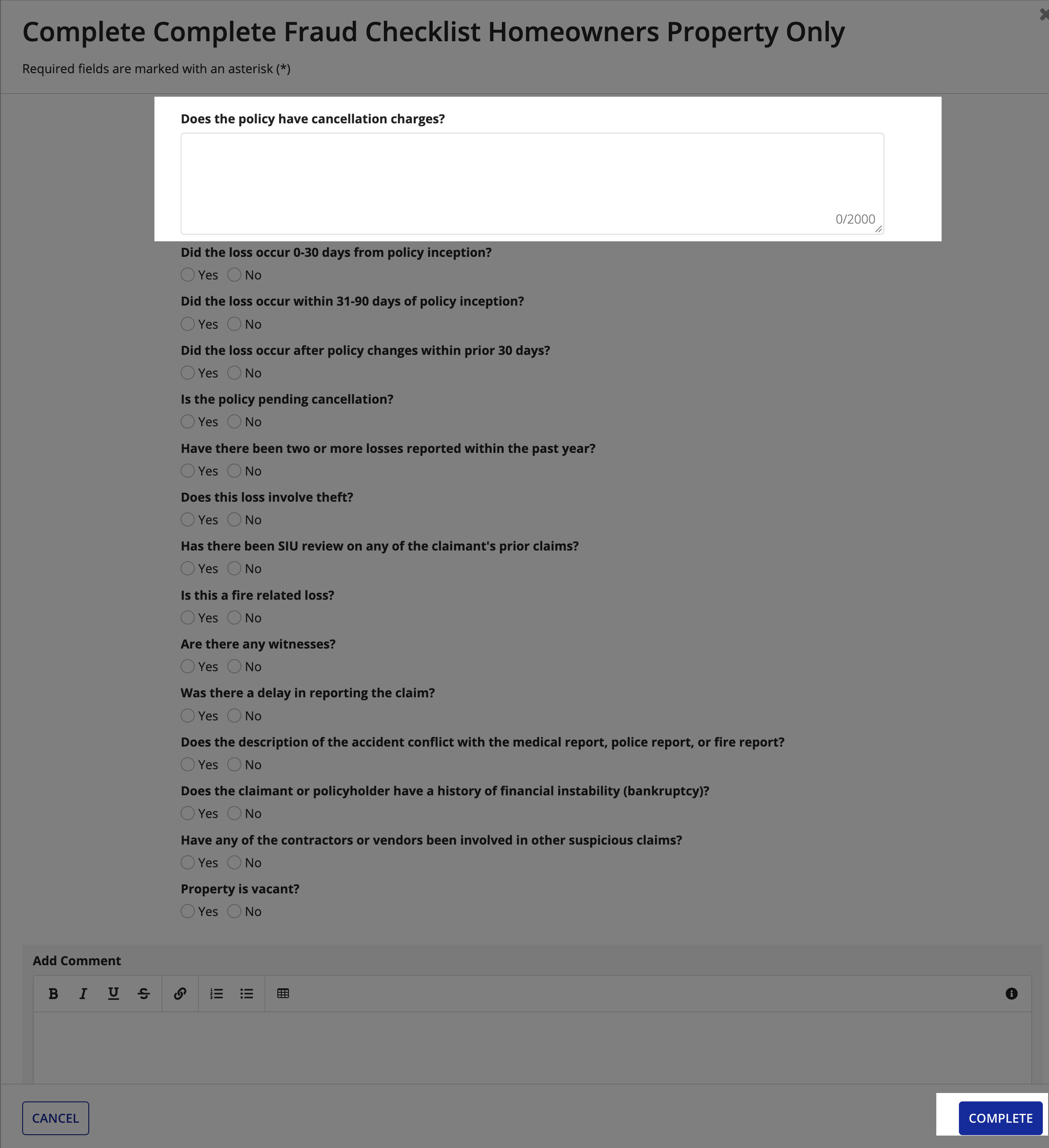 The Complete dialog of a Survey task, showing the question added in the Update Survey dialog at the top of the survey