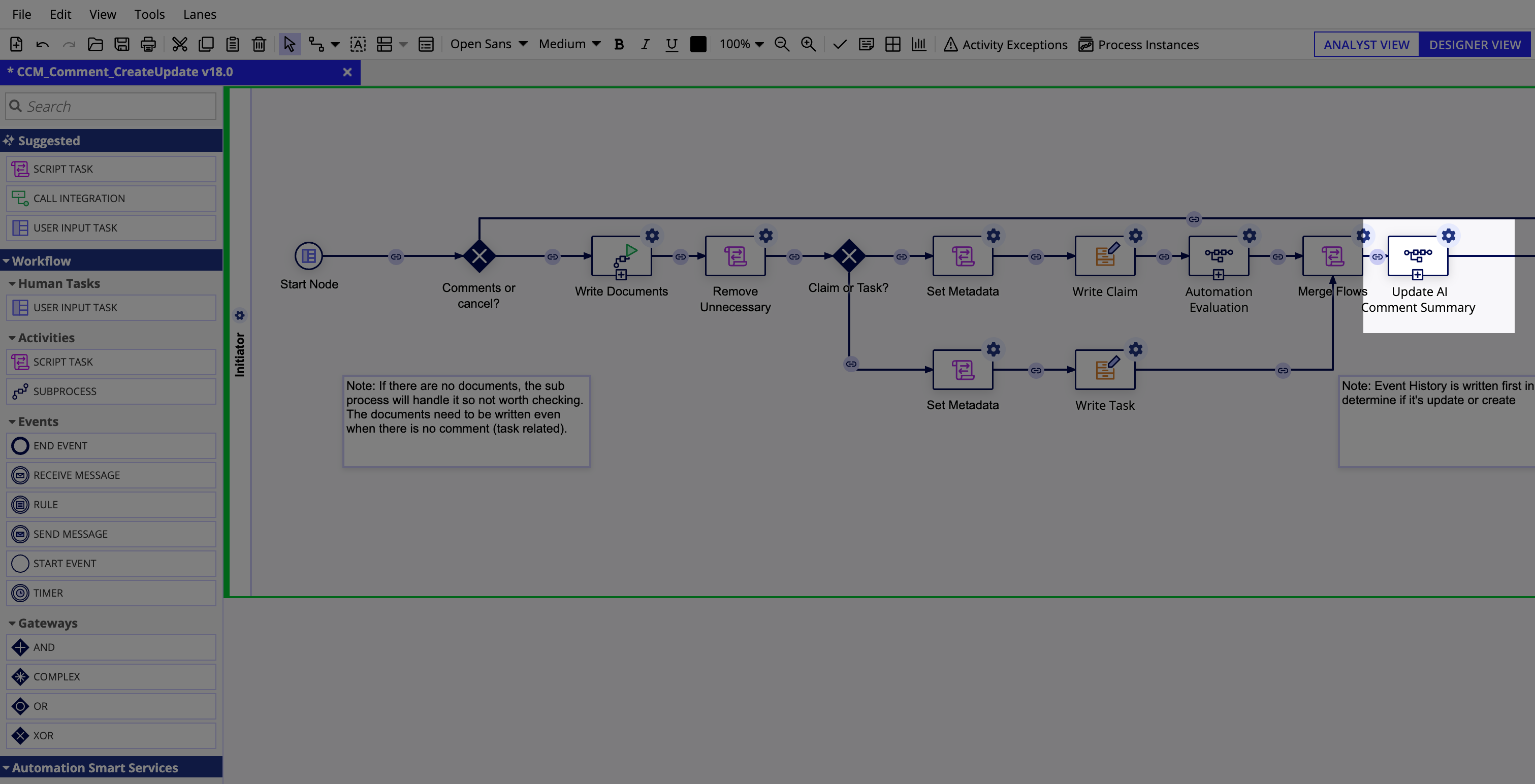 Comment CreateUpdate process model with new subprocess node