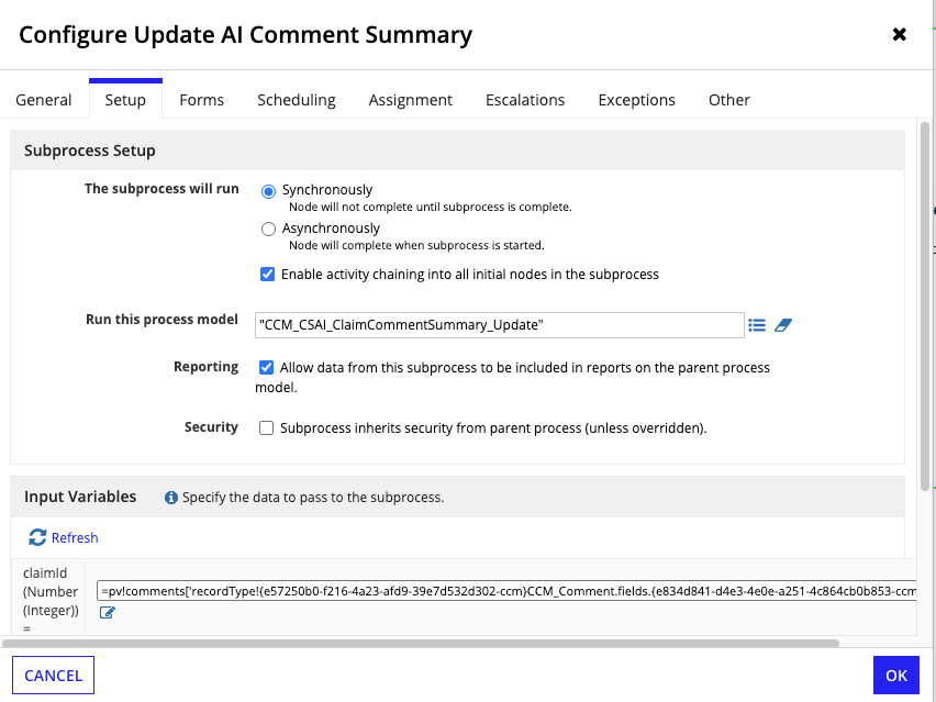 Subprocess node configuration for delete comment summary