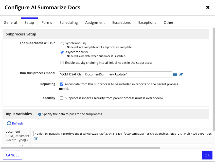The Setup tab of the Configure AI Summarize Docs dialog for the Task Complete process model