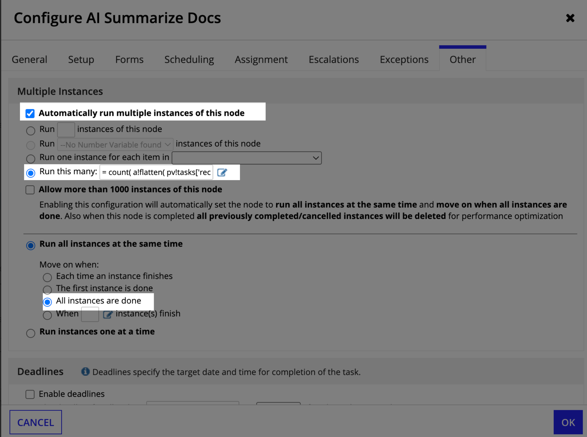 The Other tab of the Configure AI Summarize Docs dialog for the Task Complete process model, with Run this many selected and move on when all instances are done