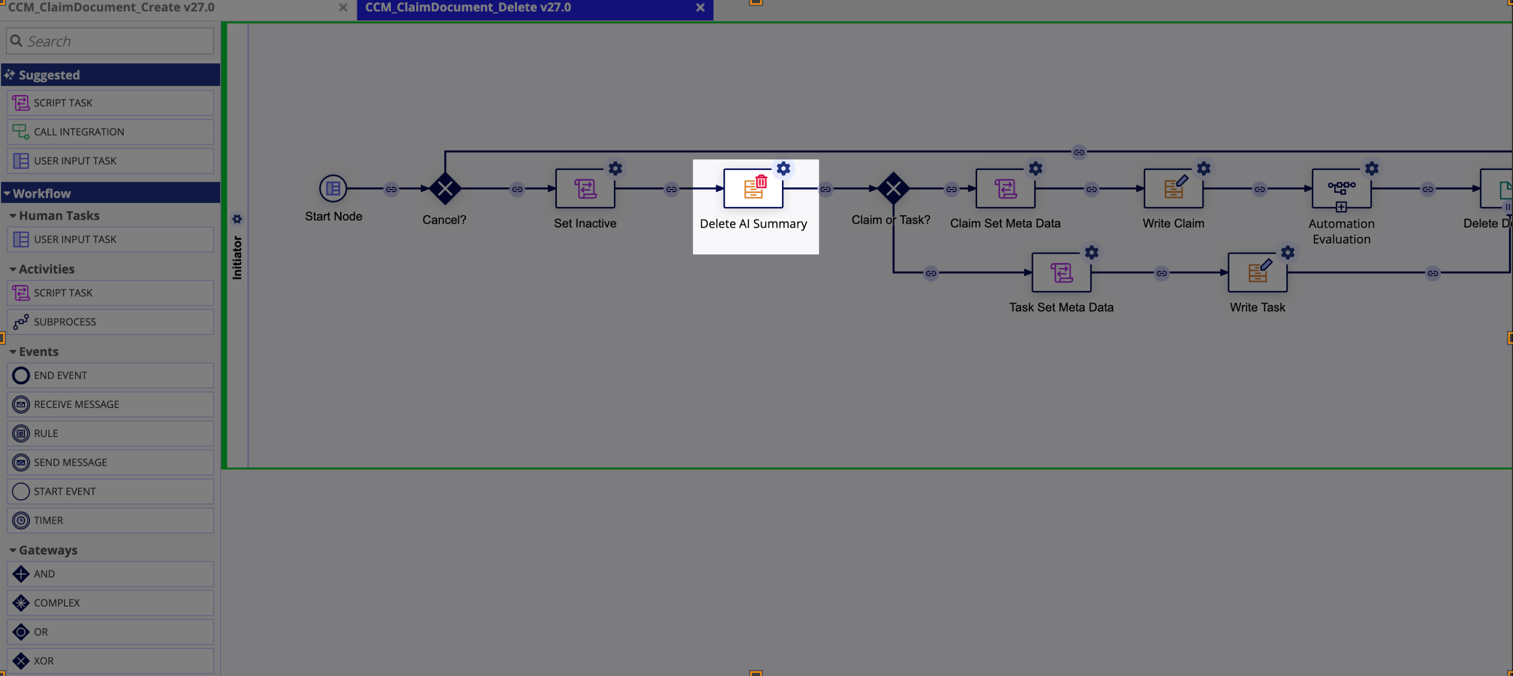 The Delete Document process model with the Delete AI Summary node added after the Set Inactive script task