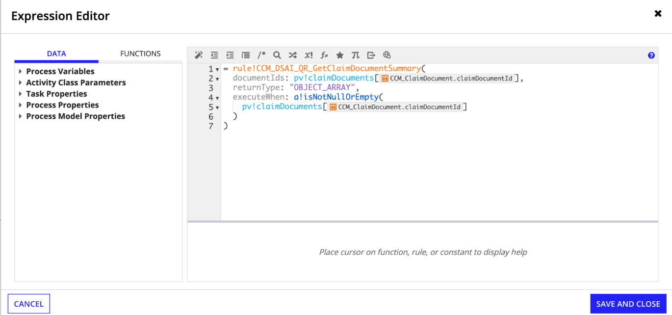 The Data Inputs tab of the Delete Records node, with the Records input set to the CCM_DSAI_QR_GetDocumentSummary expression