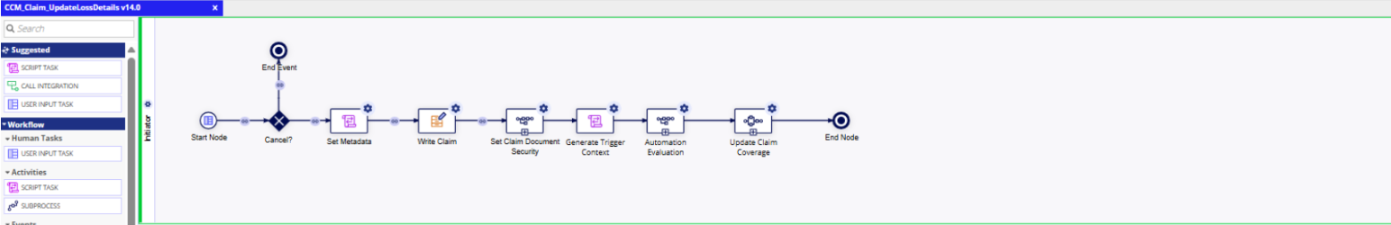 Adding a sub process after the Automation Evaluation node in the CCM_Claim_UpdateLossDetails process model