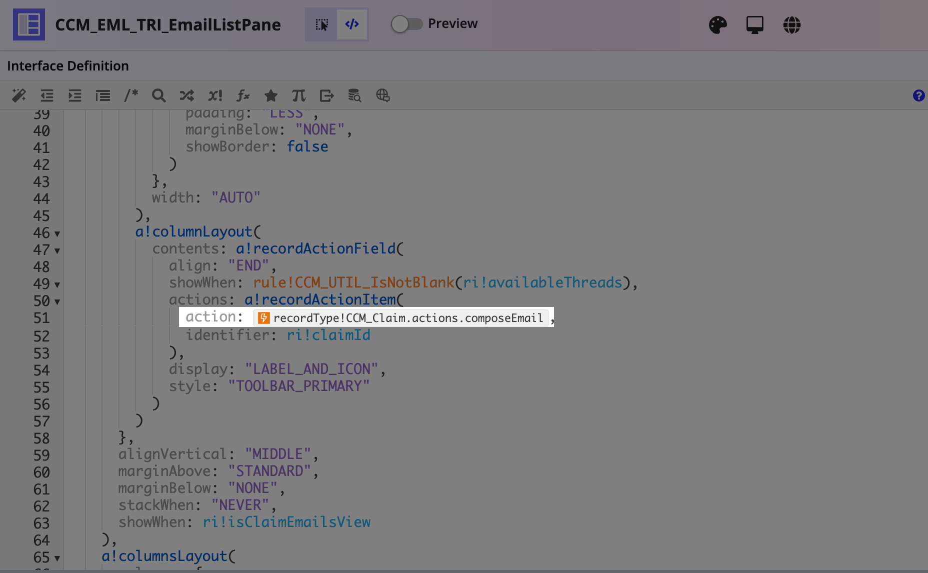 The Compose action configured in the CCM_EML_TRI_EmailListPane interface