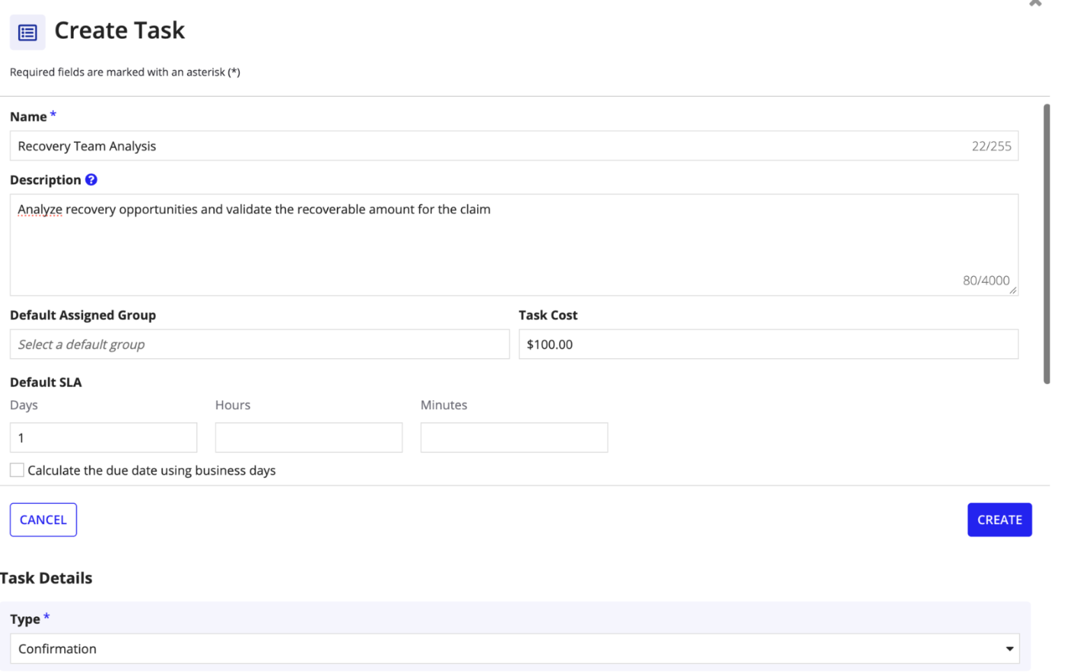 Name, Task Type, and Default Assigned Group configured for a team specific task