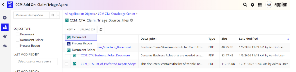 Uploading required documents to the source files folder